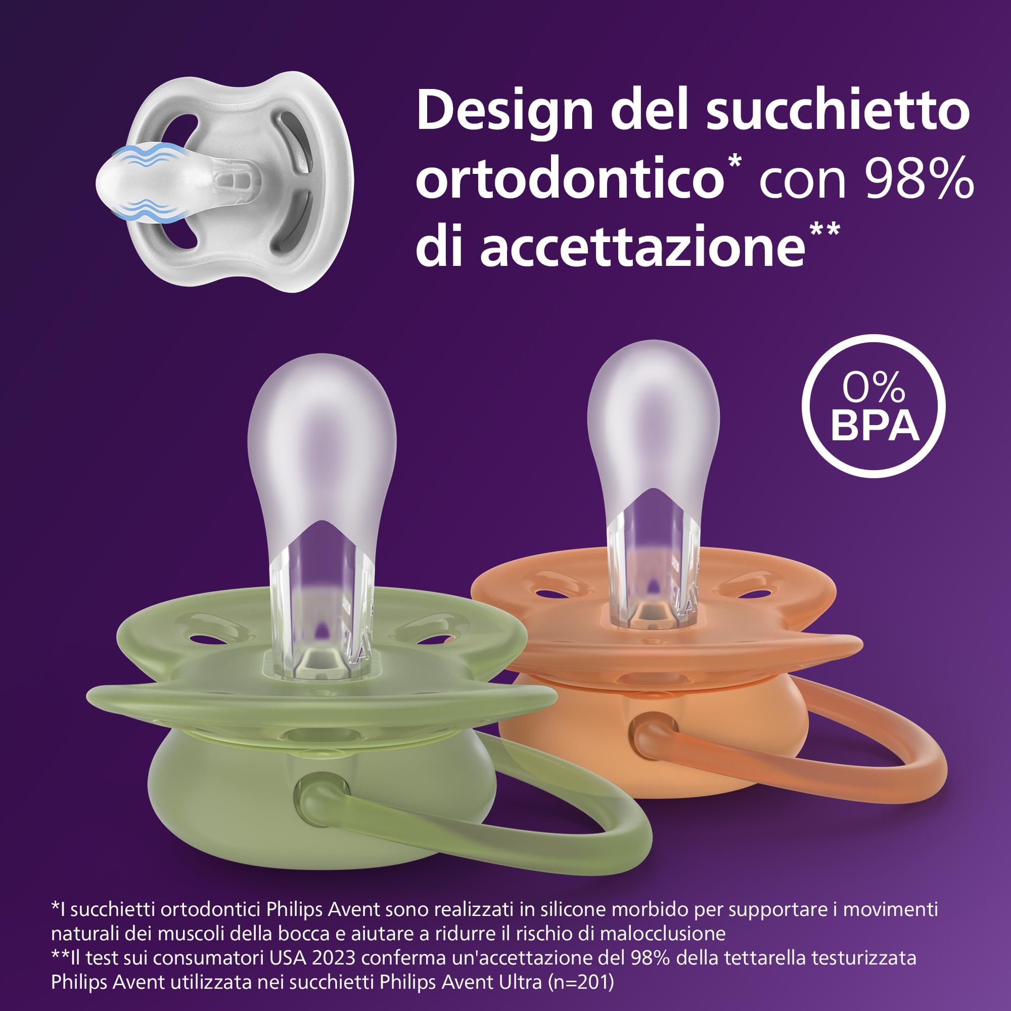Philips Avent Ultra Soft Ciuccio - Design ortodontico, per neonati 0-18 mesi, scudo flessibile, tettarella simmetrica extra rigida in morbido silicone, senza BPA, confezione da 4, SCF093/07