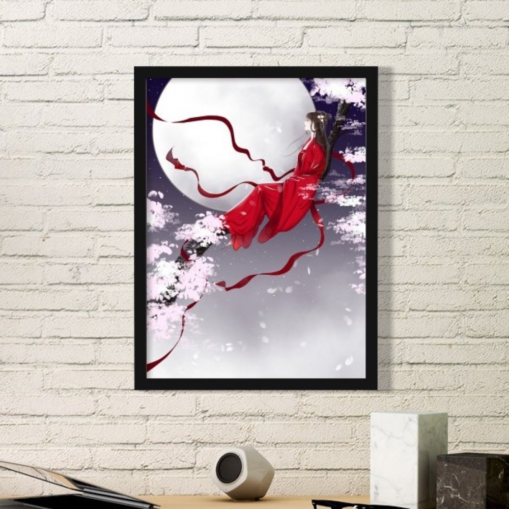 Cadre photo avec art print de lune rouge style chinois aquarelle pour mur maison noir medium