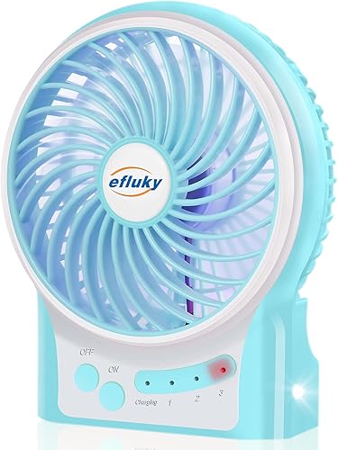 efluky Ventilador de escritorio mini de 3 velocidades, recargable, funciona con batería y con luz LED