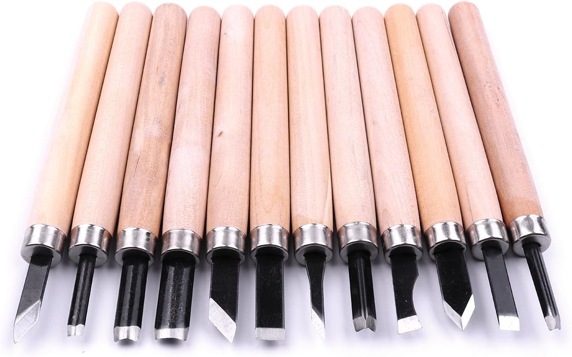 Atoplee 12pcs Wood Handle Carving Chisels Tools Hand Chisels Carving Kit for General