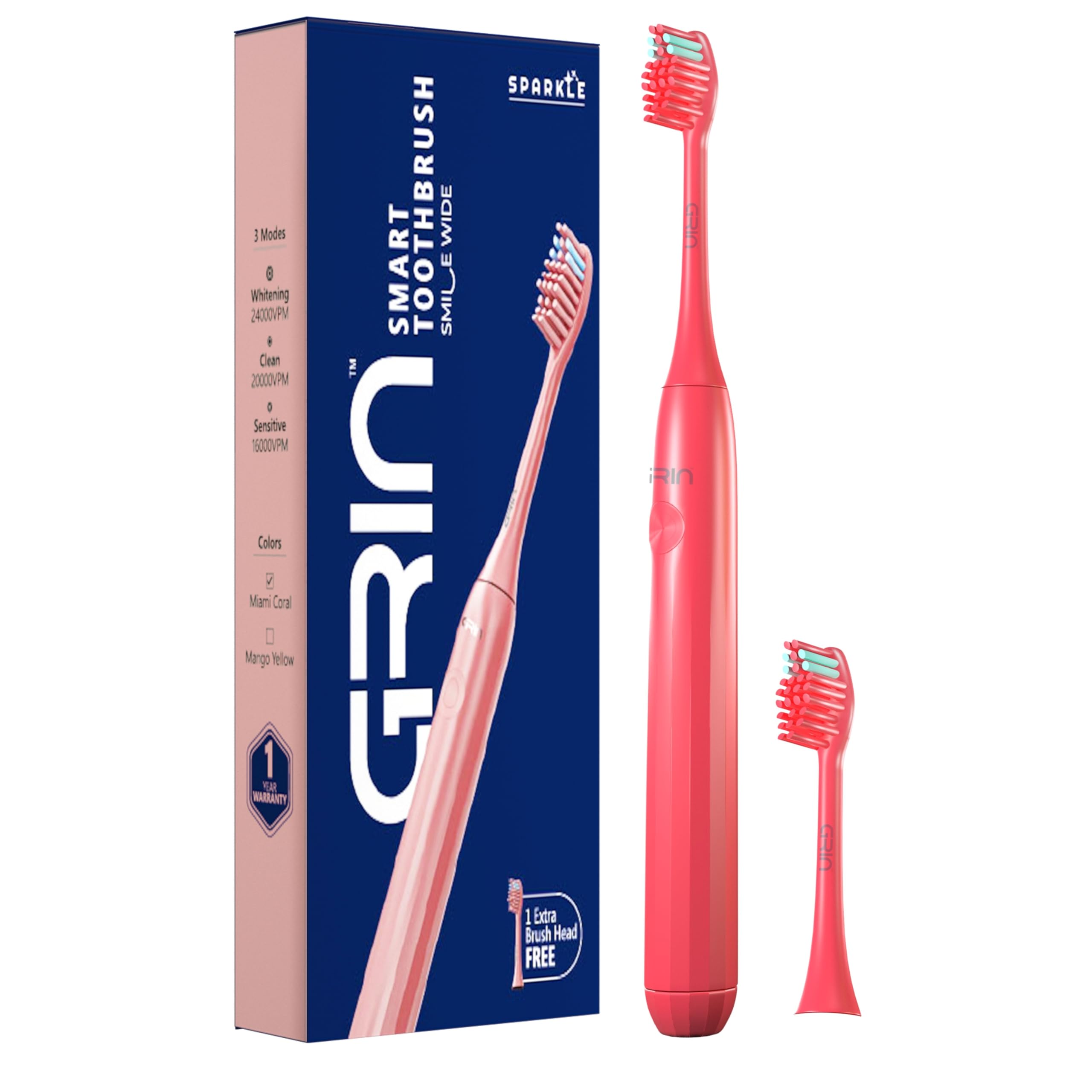 GRIN Electric Toothbrush With 2 Extra Brush Head & Carry Case for Men & Women | Sonic Technology Smart Notification Timer Vibrating IPX Waterproof Professional-Grade Deep Clean Travel-Friendly 3 High performance Modes | Miami Coral-image-13