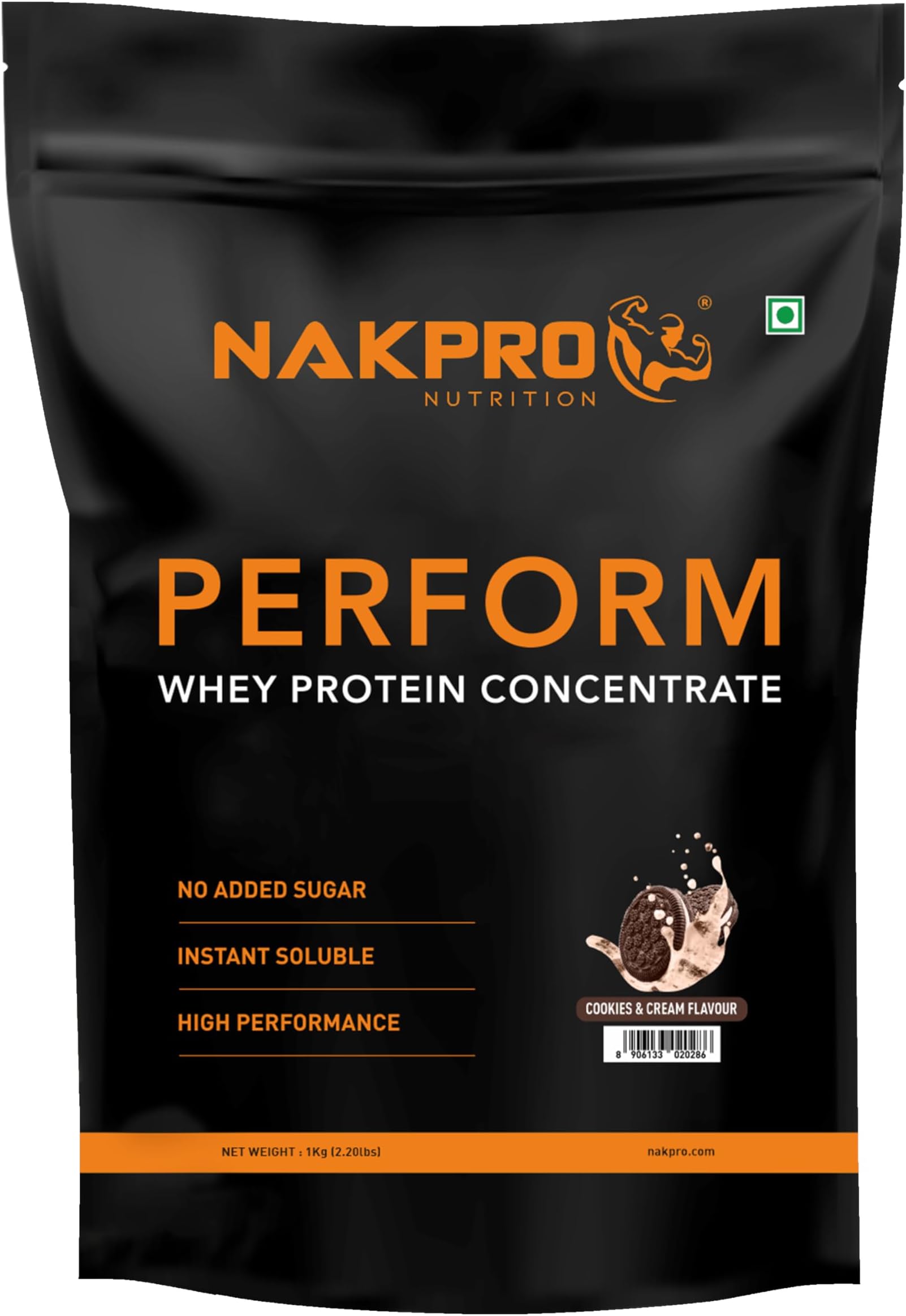 NAKPRO NUTRITION Perform Whey Protein Concentrate | 1kg Cookies&Cream | 24g Protein, Trustified Certified