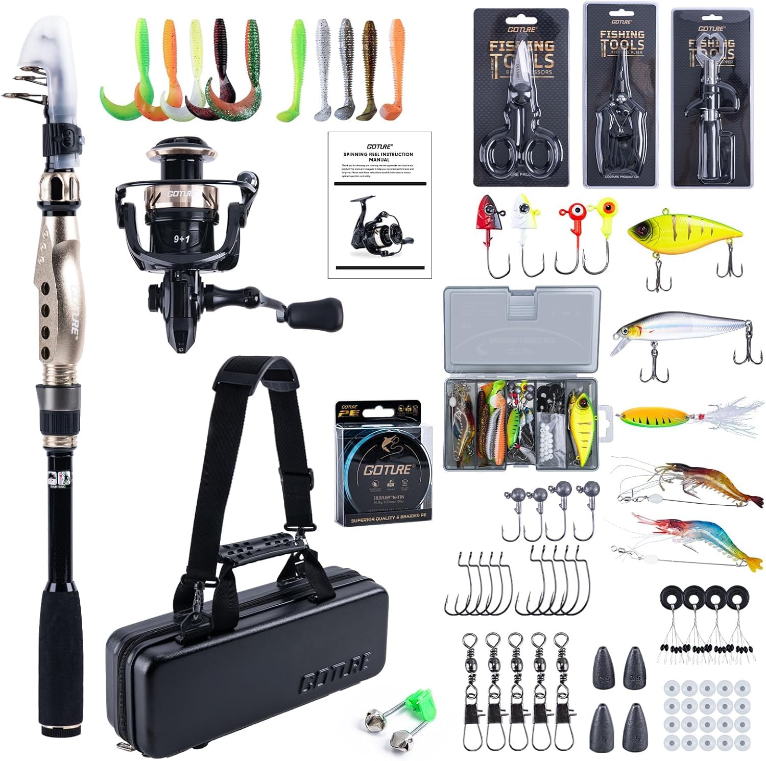 Goture Set da pesca con canna da pesca telescopica (carbonio 24T), 1,8 m/2,1 m/2,4 m/2,7 m | Set completo di attrezzi da pesca e esche con mulinello da pesca 5,2:1, linea 150 m/14 kg