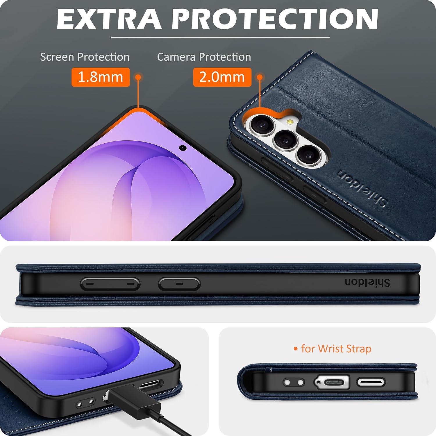 SHIELDON Wallet Case for Galaxy S26+ Plus 5G, Genuine Leather Folio Magnetic Kickstand RFID Blocking Card Slots Shockproof Protective Cover Compatible with Galaxy S26+ 6.7" 2026 - Retro Dark Blue
