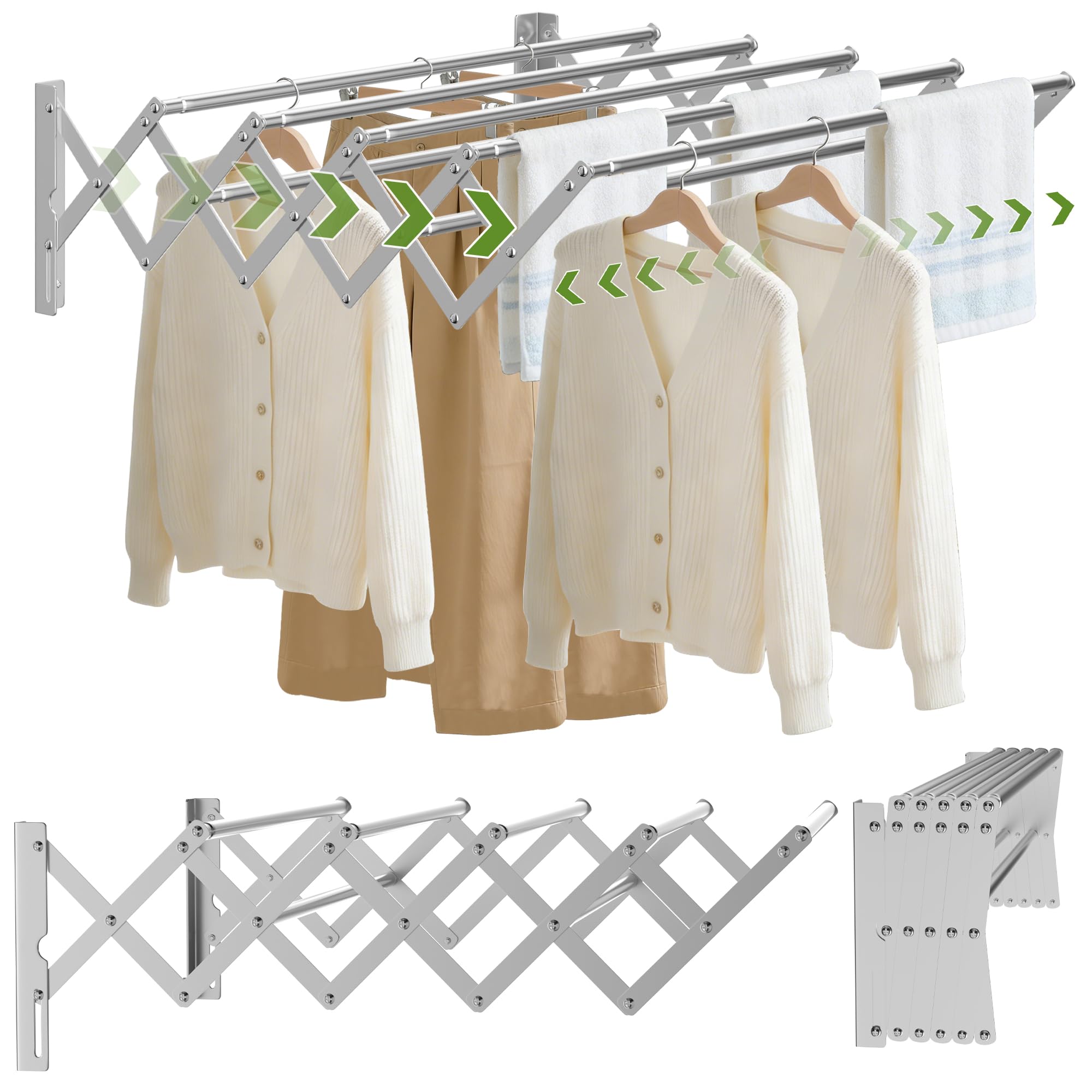 OUUTMEE Extendable Wall-mounted Clothes Drying Rack | Stainless Steel Foldable Towel Rack 42-80cm | Retractable Laundry Clothes Airer for Indoor Outdoor Bathroom Balcony,Silver-Medium