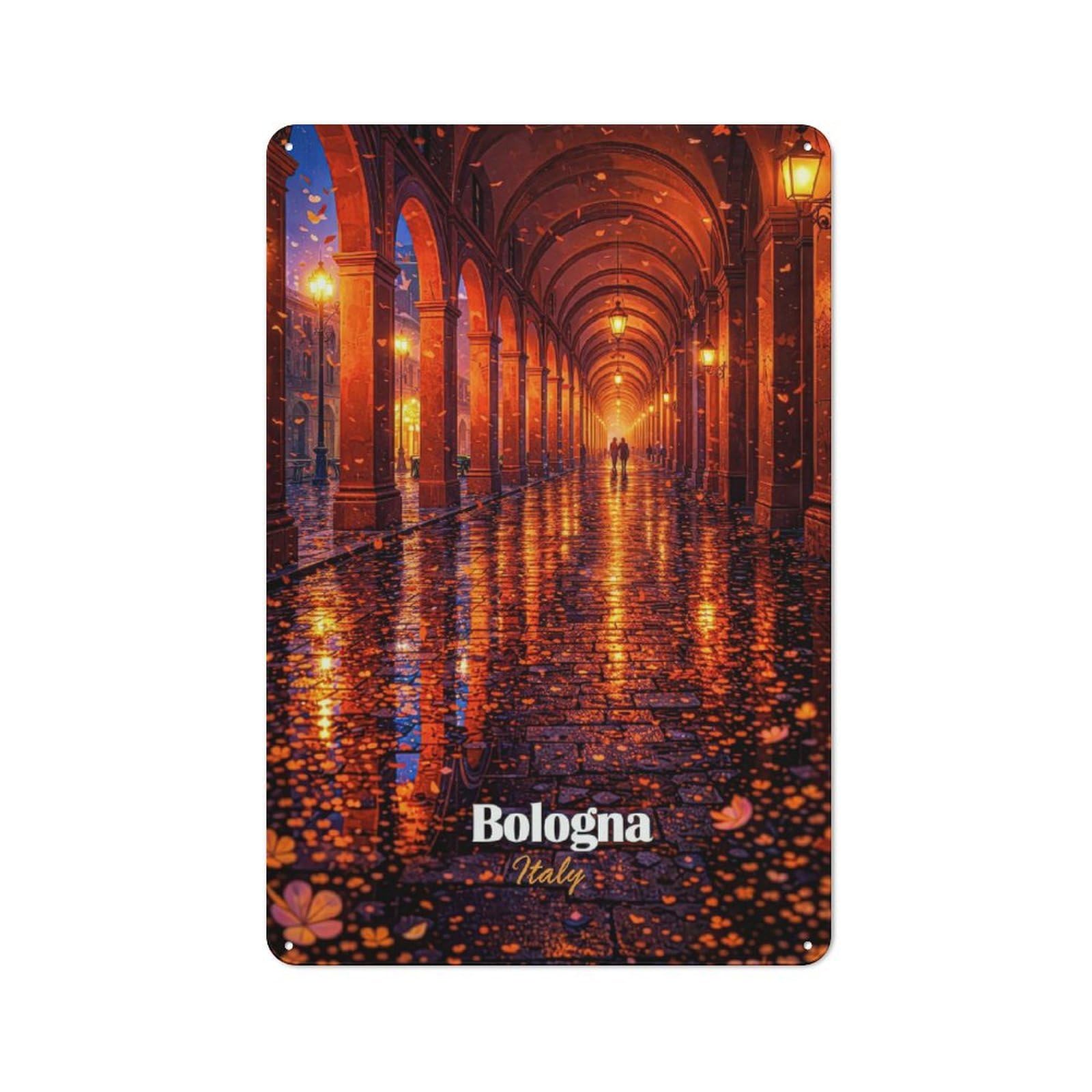 Junmoney Style-4 Tin Wall Plaque 30X20cm With Bologna Italy Arches At Night For Guest Room Or Hallway, For Updating Guest Room And Hallway After Moving