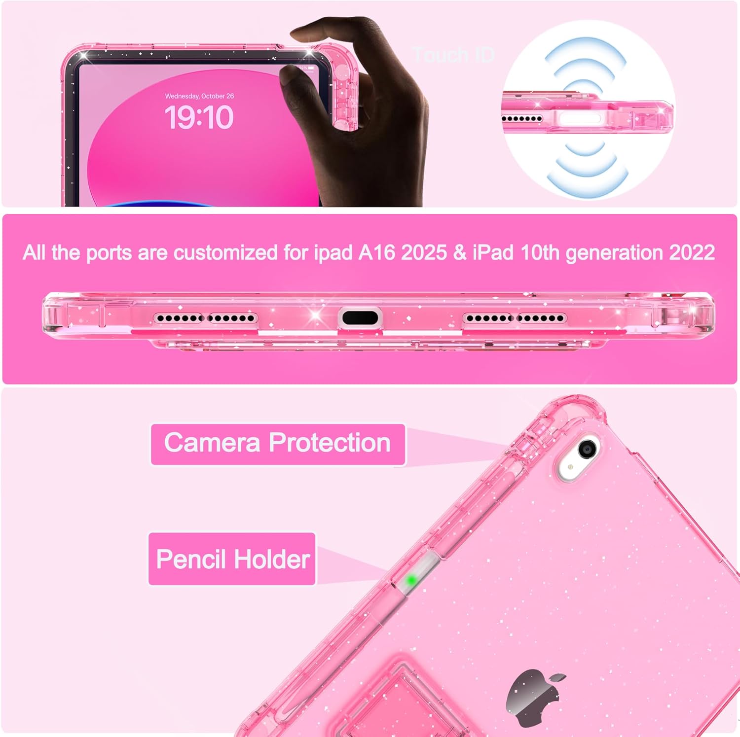 Rantice Case for iPad A16 11-inch 11th Generation, iPad 10th Generation Case 10.9 Inch, Pencil Holder & Kickstand - Slim, Glittery and Shockproof Bumper for Women and Girls, Pink Glitter