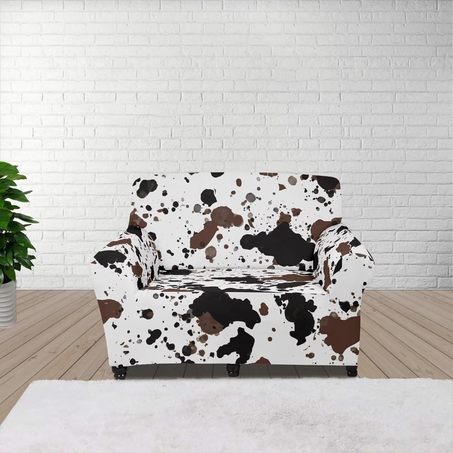 Boatee White Cow Print Stretch Sofa Covers 1 Piece Cushion Couch Slipcovers Printed Sofa Covers for 1 Seater Couch Cover