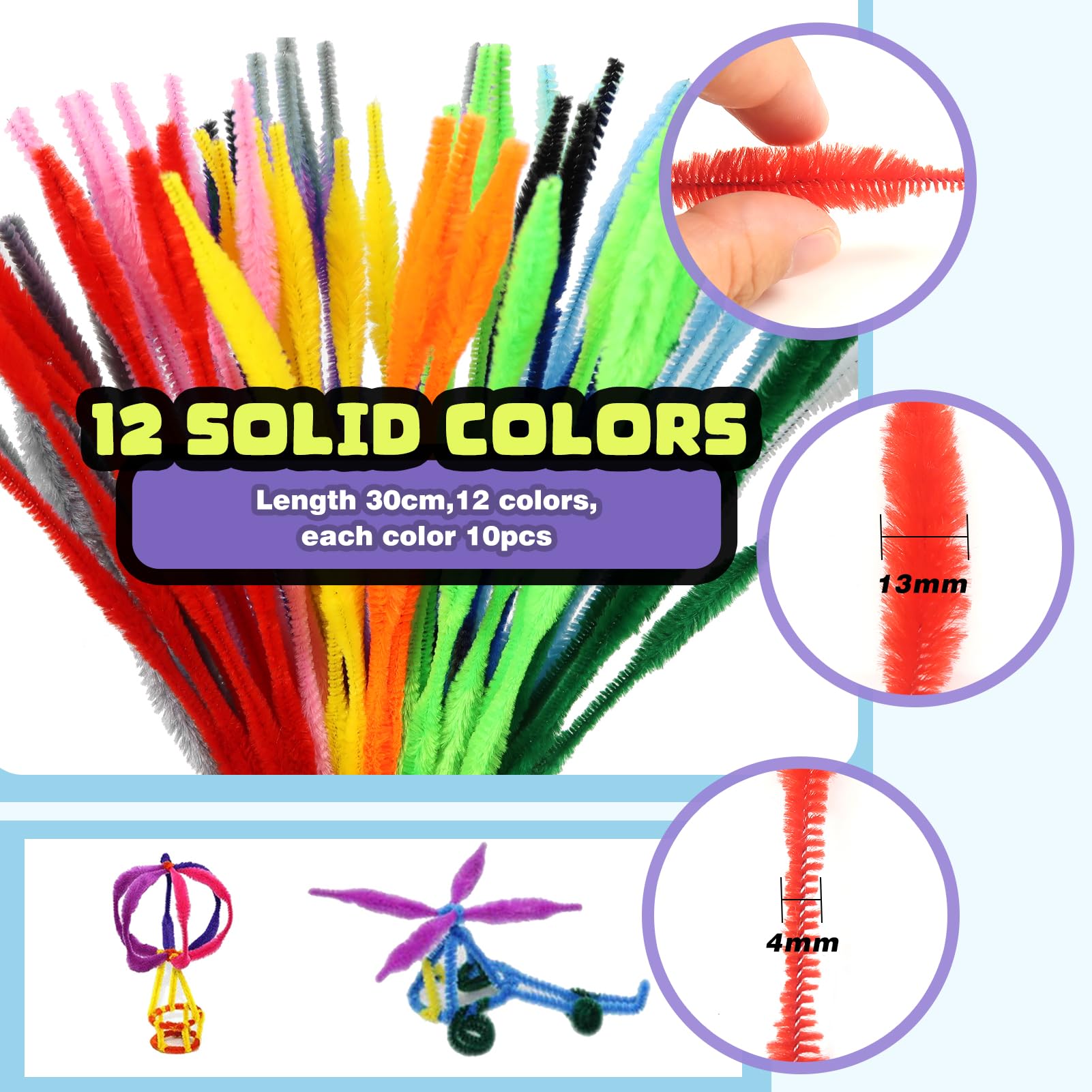 TOAOB - 120 limpiadores de tuberías peludos con baches, 12 colores surtidos, tallos de chenilla, suministros para manualidades, 0.512 in x 12 pulgadas, para decoración de manualidades 2