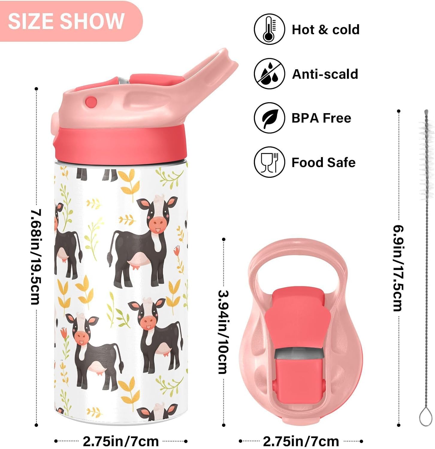 Cute Little Cow White Kids Insulated Water Bottle, Toddlers Tumbler Travel Cup with Straw & Handle Stainless Steel Cup for Travel School Girls 12 oz - Image 6