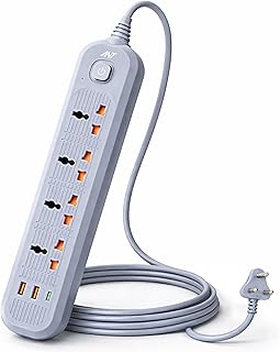 Ant PS421 Power Strip,10ft Universal Extension Cord 4 AC Outlets 2USB 1 Type C PD Ports, Flat Plug, Max 2500W, 220-250 Volts, Multiple Outlet Extender
