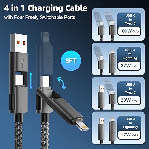Miniatura 2 de Cable de carga trenzado 4 en 1, cargador de iPhone de 100 W, cable de carga rápida USB AC a CLightning múltiple, cargadores universales para