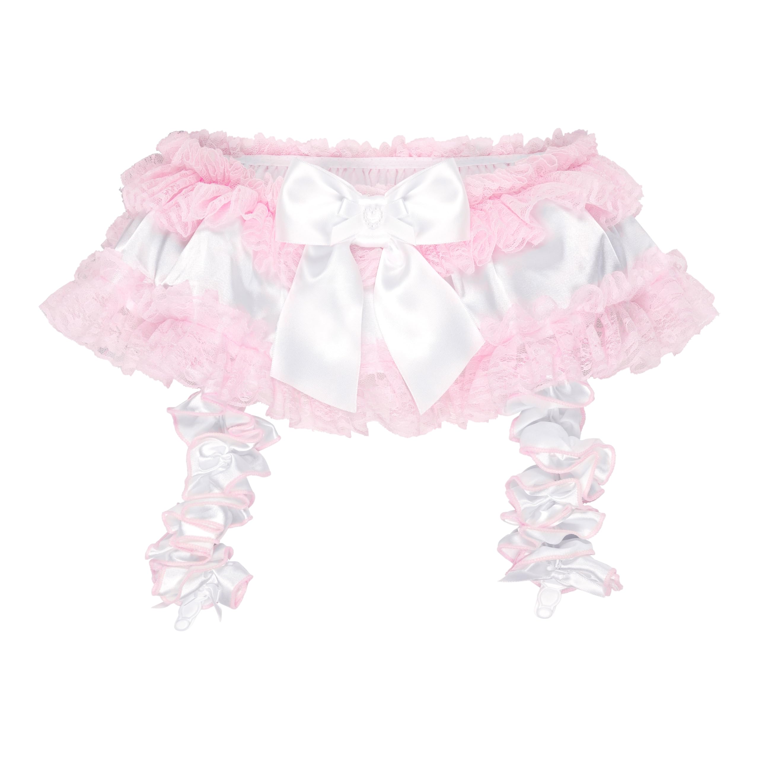 Satini Frilly Lace Sissy Silky Satin Garter Suspender Belt Lingerie Knickers (White, XL)