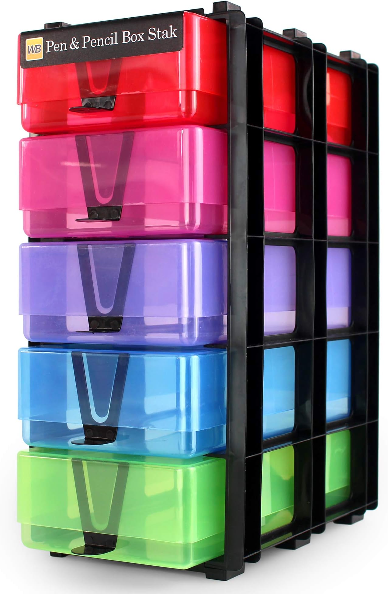 WestonBoxes Box Stak Storage Unit Including 5 Pen & Pencil Storage Boxes for Pens, Pencils and Stationery (Multicolour/Transparent, Pack of 1)