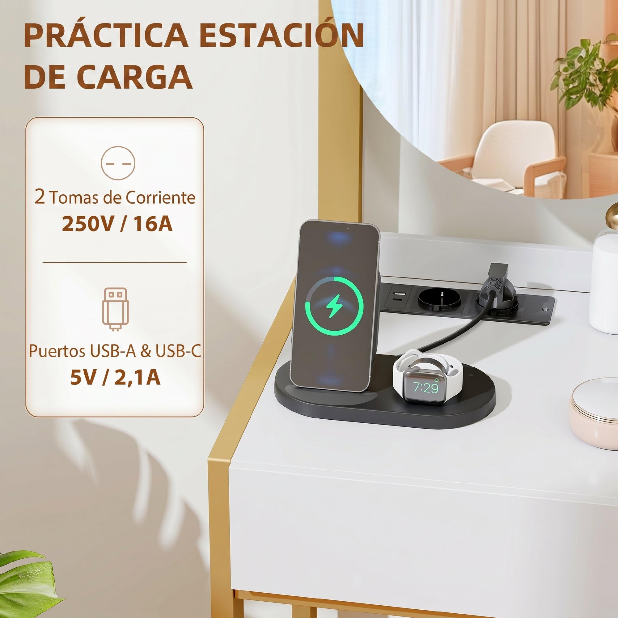 HOMCOM Tocador de Maquillaje con Espejo y Taburete Acolchado, Tocador con Estación de Carga, 2 Cajones, 3 Estantes Abiertos, Puerto USB, Estructura Metálica, para Dormitorio, Blanco