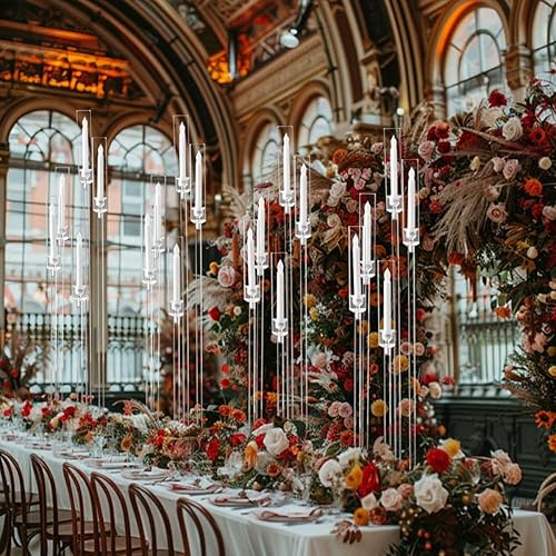 Miniatura 3 de 2 centros de mesa acrílicos de 5 brazos para boda, 45.7 pulgadas, portavelas de piso transparente con pantalla acrílica para fiesta de Navidad,