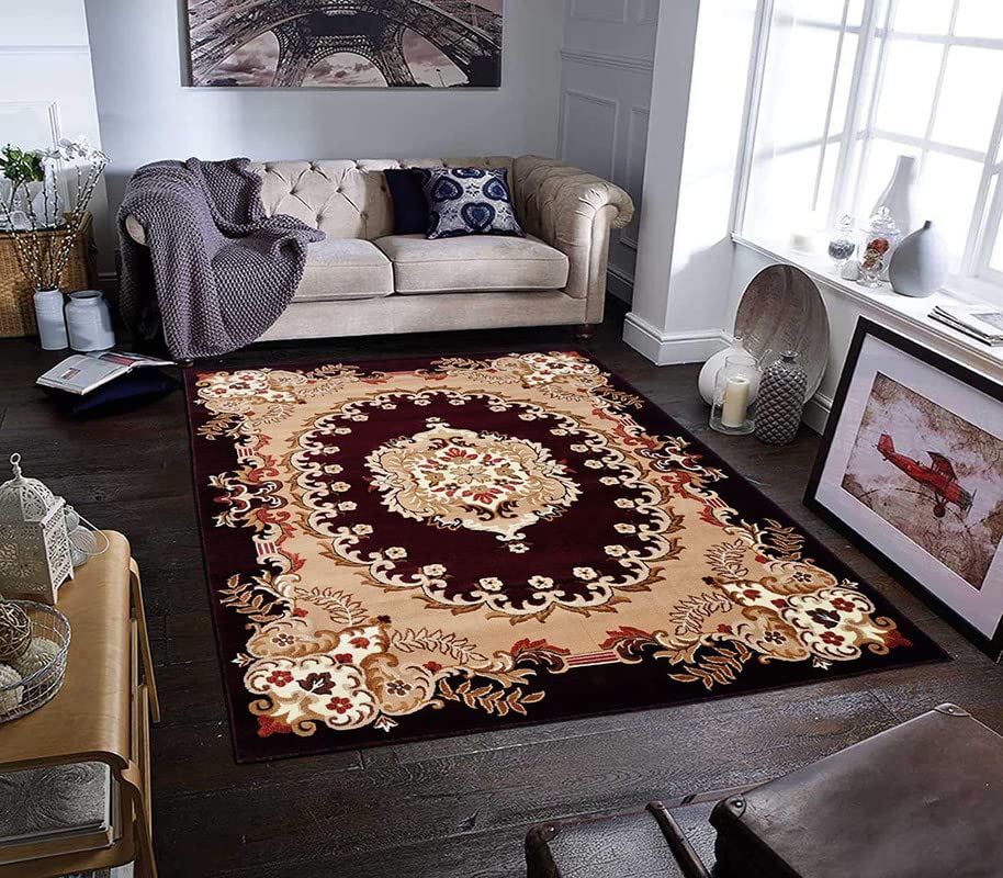 Image of Beautiful American Combination Floral Design Acrylic Touch Carpet for Living Room & Drawing Room with 1 Inch Thickness(180X240 Brown Colour) 6x8 Feet