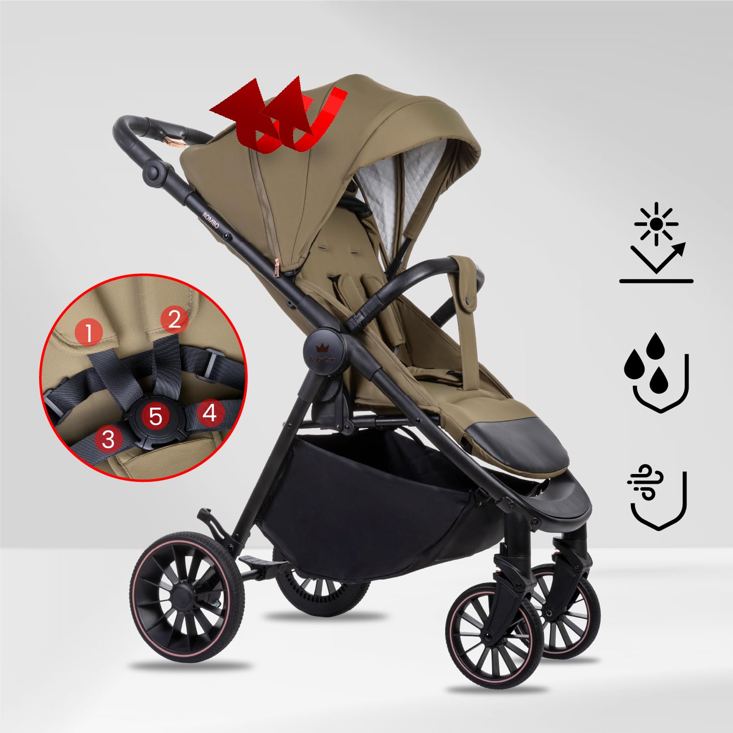 Babylux Poussette de Voyage ROMBO avec Fonction Allongée, Couleur: Olive | Poussette, Petite Et Légère, Poignée Télescopique, Pliage Compact, Sac À Langer, Sac De Voyage Et Autres Accessoires