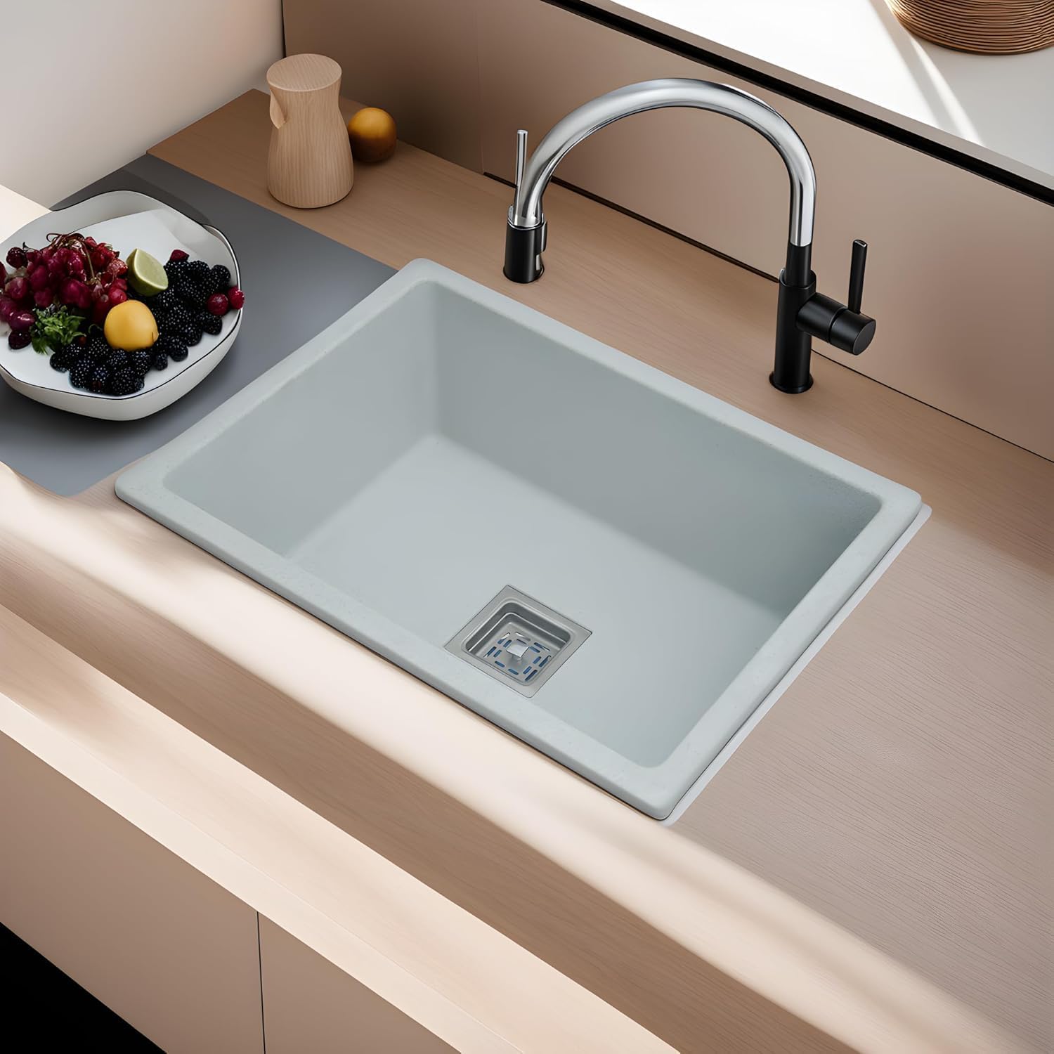 Granite Quartz Single Bowl Kitchen Sink With PVC Waste Pipe and Coupling | Flushmount, Undermount, Top Mounted Kitchen Sink, Matt Finish (Moon Sand, 24 x 18 x 9 Inch)