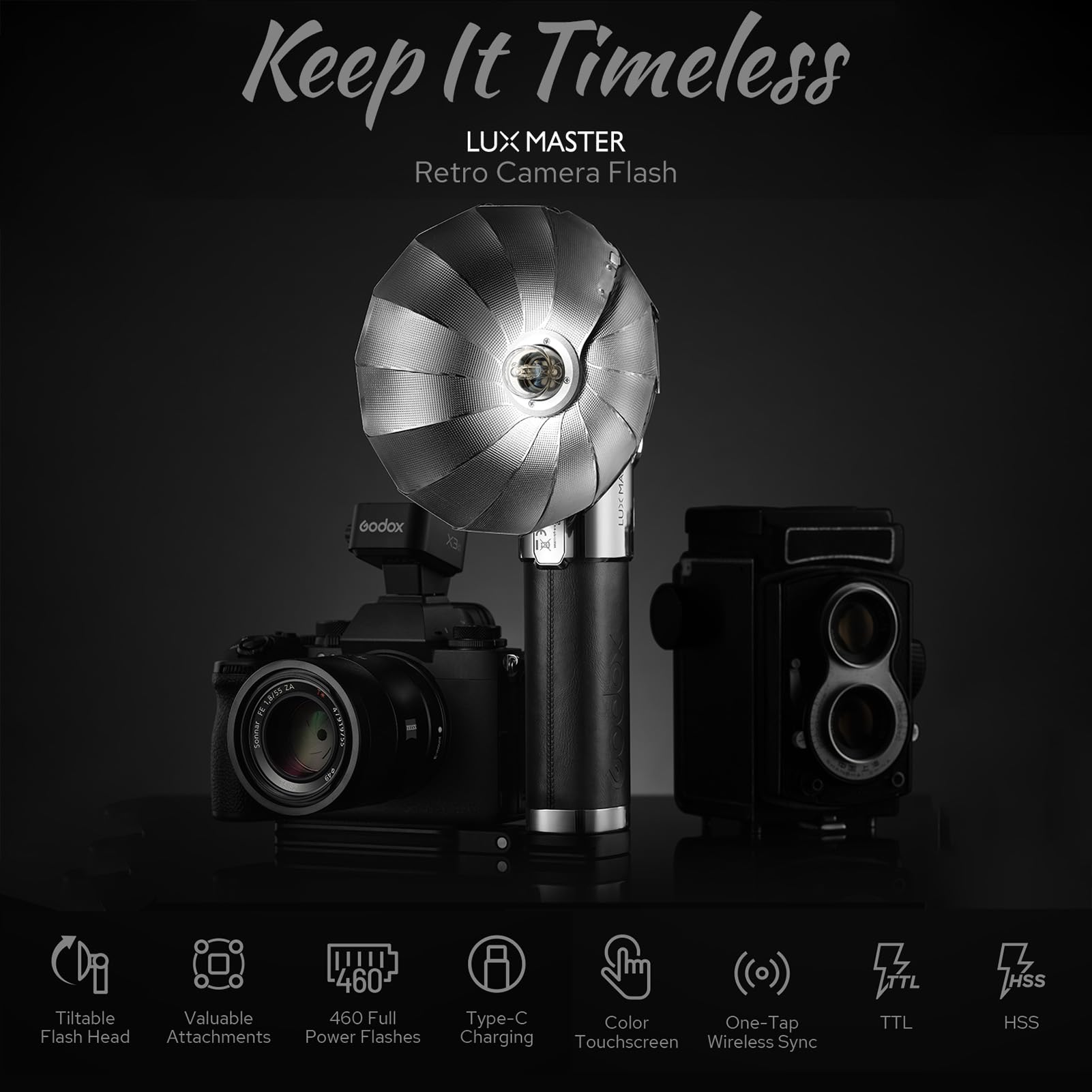 Godox Lux Master Retro-Kamerablitz GN25, Farb-Touchpanel, 2,4G TTL-Autoblitz, HSS, 460 Blitze Volle Leistung mit Blitzhalterung Ersatz für Canon, Nikon, Sony, Fujifilm, Olympus DSLR-Kameras