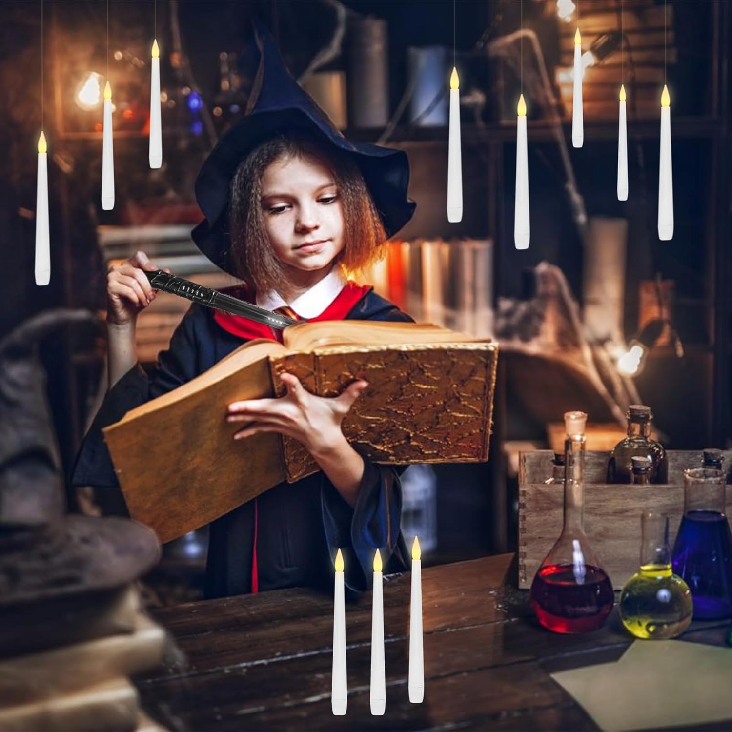 Eebuss Flameless Floating Candles with Magic Wand, 20 Pcs Hanging Flickering LED Taper Candles, Battery Operated Taper Candle with Remote for Children Gift Halloween Decor (White)