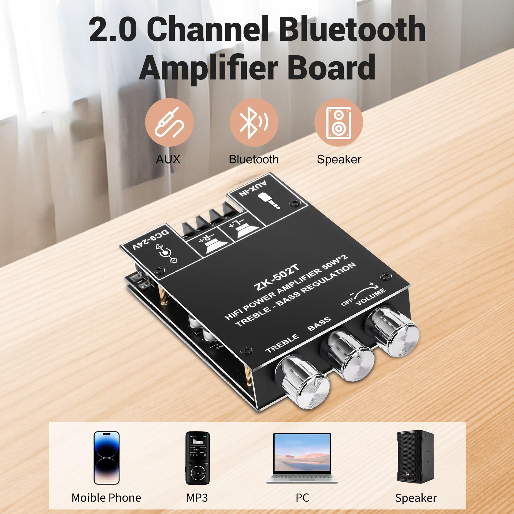 Daakro Placa amplificadora, 50 W 2.0 canales Bluetooth con control de agudos y graves, CC 12-24 V, entradas Bluetooth y AUX, placa de amplificador de audio para altavoces inalámbricos caseros, sin