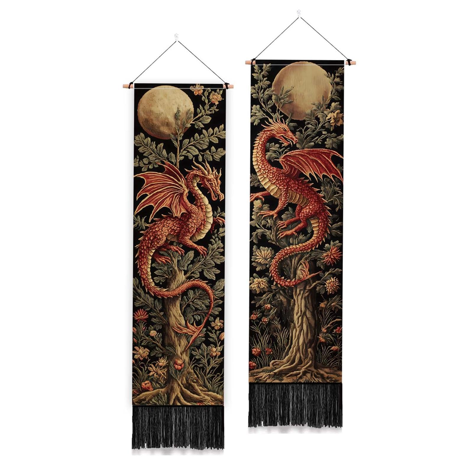 PLIGREAT 2er Pack Ästhetischer Drachen Wandteppich Mittelalterlicher Gewebter Wandbehang Mit Baummotiv Und Quasten Wandteppich Mit Mondblättern Für Schlafzimmer Wohnzimmer Heimdekor
