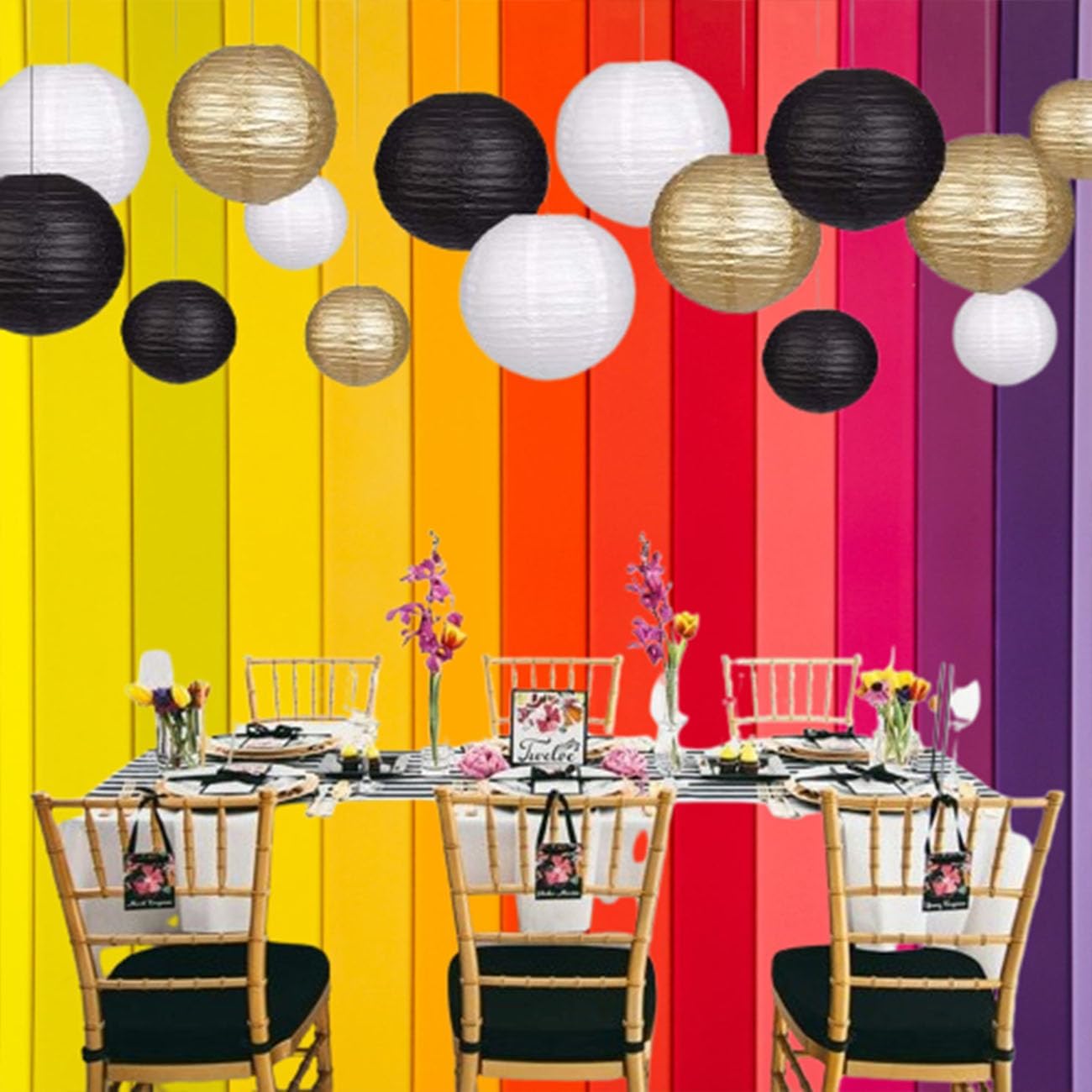 Paper Lanterns Decorative, Hanging Chinese Lanterns Indoor Outdoor for Birthday, Wedding, Christmas, Bridal, Home Decor, Ceiling Decorations Black/Gold/White 12pcs(Size of 4”, 6”, 8”, 10”)