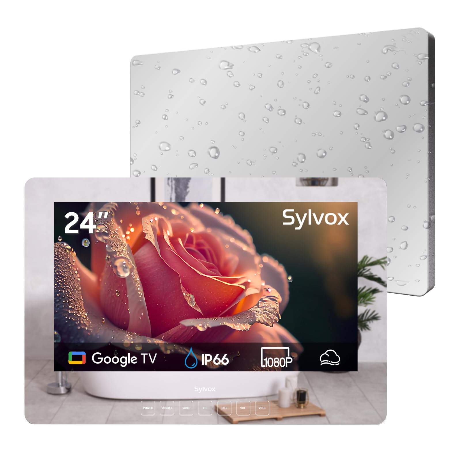 SYLVOX 24'' Smart Waterproof TV, Magic Mirror TV for Bathroom, 1080P, Bass Boost, IP66, Anti-Fog, Built-in APP Store, and Voice Assistant (On Wall Model)