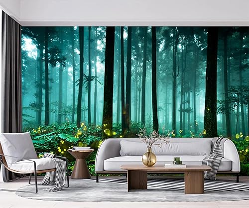 Miniatura 2 de YQWDMX - Papel tapiz verde con bosque encantado para decoración de pared de fondo de dormitorio infantil (no se puede despegar ni pegar)