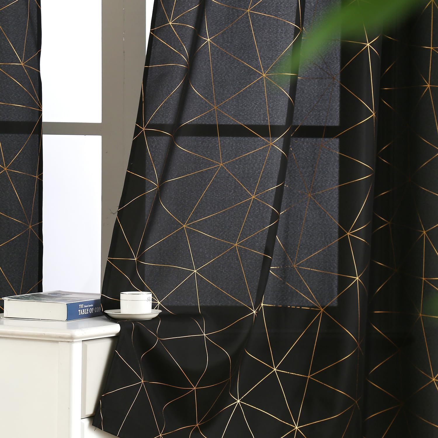 Taisier Home Gold Geometric Line Grommet Top Curtains, Lightweight Semi Sheer Light Filtering Window Drapes with Printing Design, Black, W52 x L84 Inch, 2 Panels