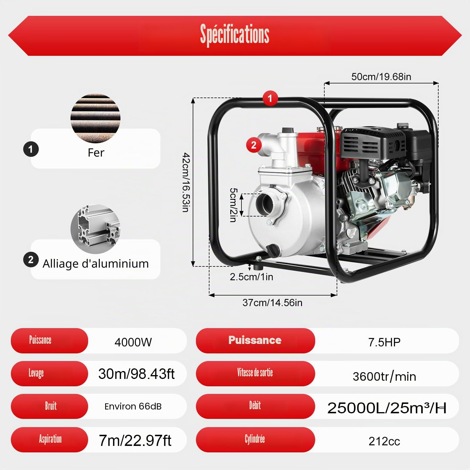 Pompe à eau à essence, 4 kW, 25000 l/h, 30 m, raccord de 2 pouces, pompe de jardin 7,5 ch, pompe à eau sale avec moteur à 4 temps et hauteur d'aspiration, démarrage par câble, pompe à