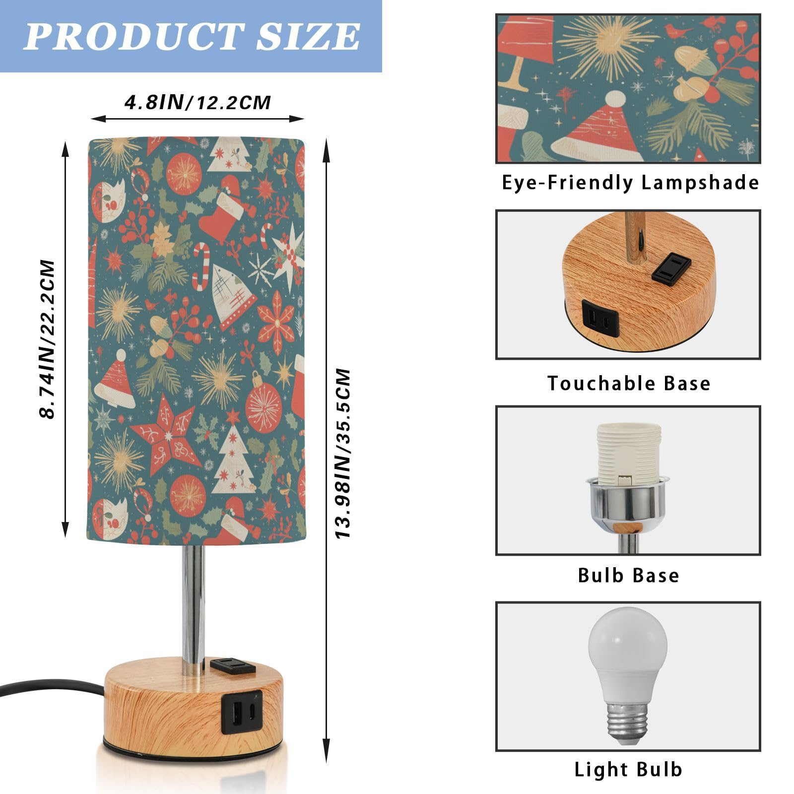 Wesołych Świąt płatek śniegu czerwona Hoho sterowanie dotykowe lampa stołowa stolik nocny lampa biurkowa z portami USB C+A 3 temperatury barwowe na stolik nocny