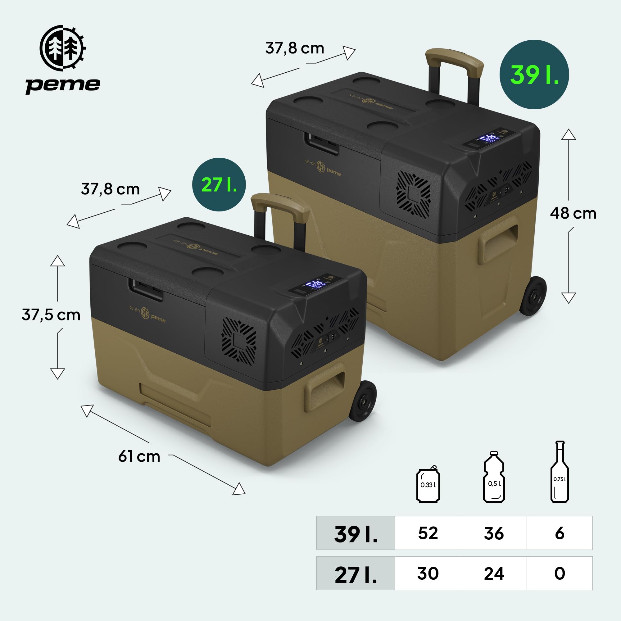peme Expedition Elektryczna Lodówka Kompresorowa 27-39 L - Chłodziarka i Zamrażarka, Chłodzenie -20°C, Podwójne Zasilanie 12V/24V & 230V, Aplikacja Bluetooth, Tryb Eco, do Samochodu, Kempingu