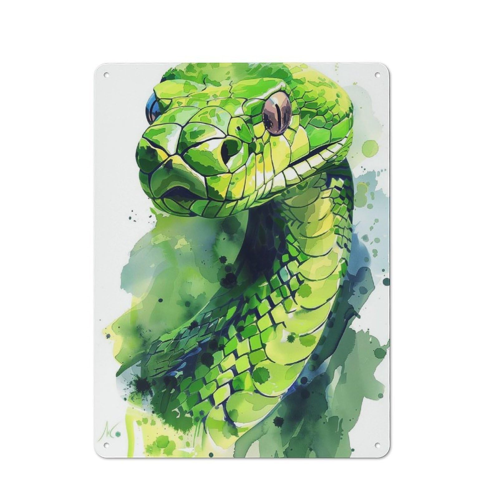 Green Snake Watercolor Retro-style Tin Sign 40x30cm for Man Cave Or Games Room, A Metal Wall Feature for Games Rooms And Man Caves