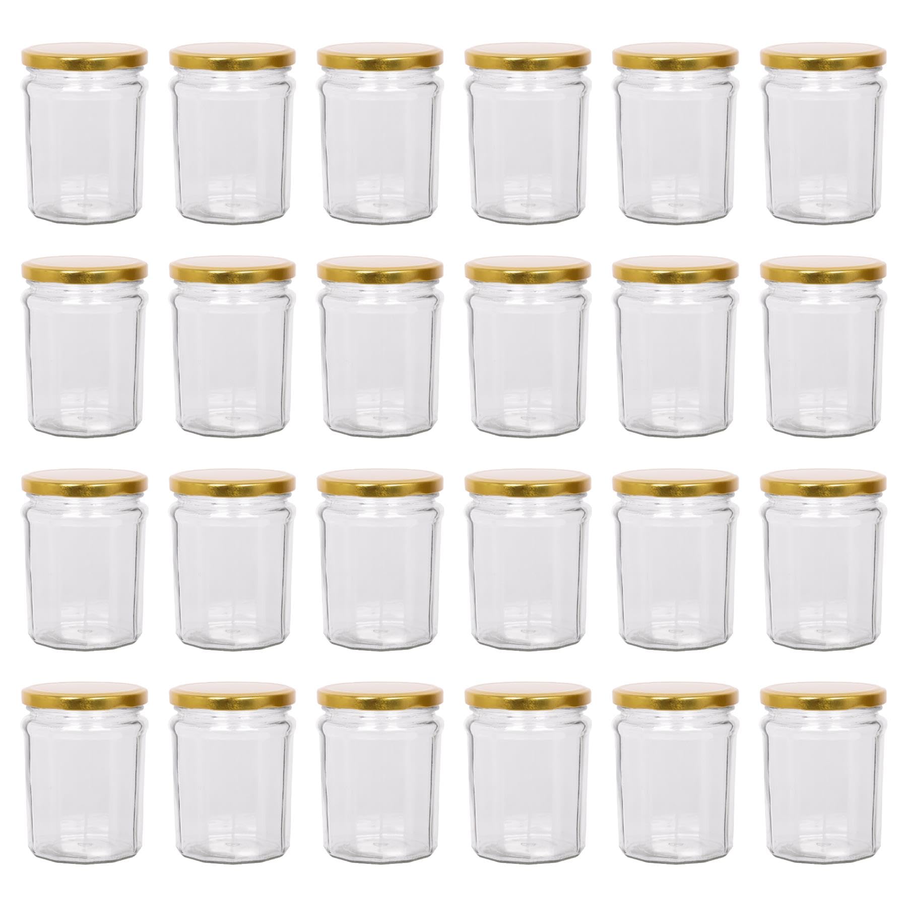 Argon Tableware Glass Jam Jars with Airtight Gold Lids - 380ml - Pack of 24 - Empty Screw Top Kitchen Storage Jar for Food, Honey, Spice, Pickling, Preserving, Candle Making