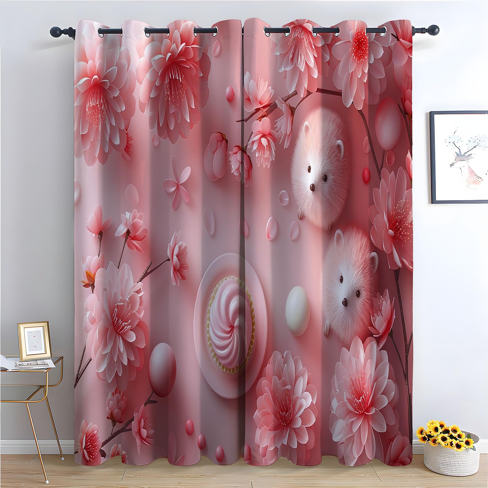 TERUEA Nature Scenery Scenery Decoration Curtains Soft pink floral cute hedgehog cream cupcake sweet Curtains Cloth Fabric Decor-52 W x 72" L (Pack of 2)