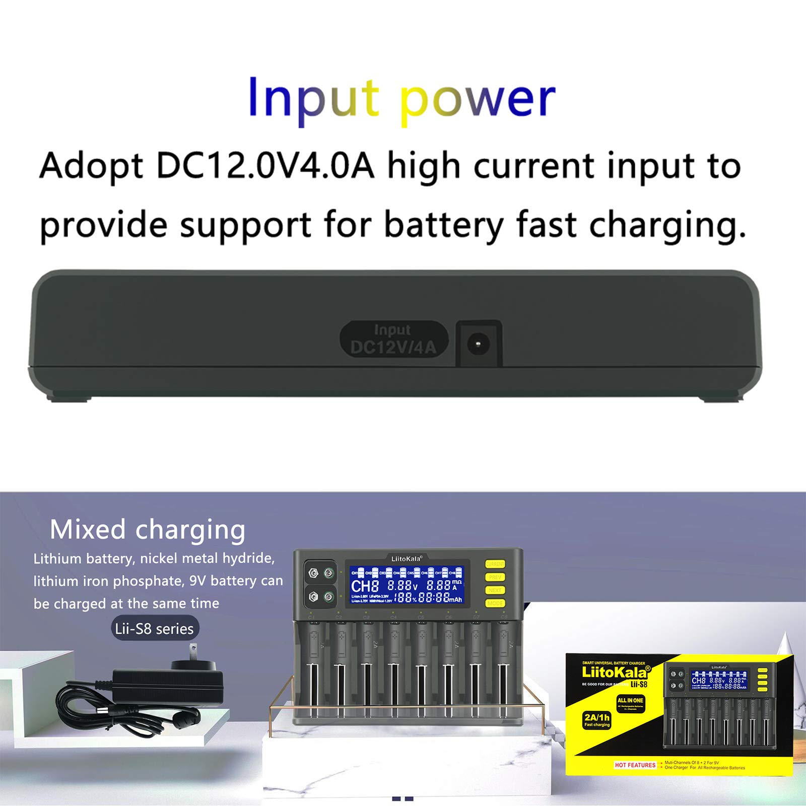 docooler LiitoKala LII-S8 Caricabatteria Li-Ion 3.7V NiMH 1.2V Li-FePO4 3.2V IMR 3.8V Caricatore per 18650 26650 21700 26700 AA AAA