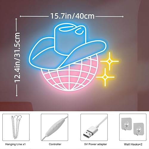 Miniatura 2 de Disco Ball Neon Sign, Dimmable Cowboy Hat Disco Led Neon Lights for Wall Decor, Light Up Sign for Bedroom Teen Room Party Retro Space Living Room
