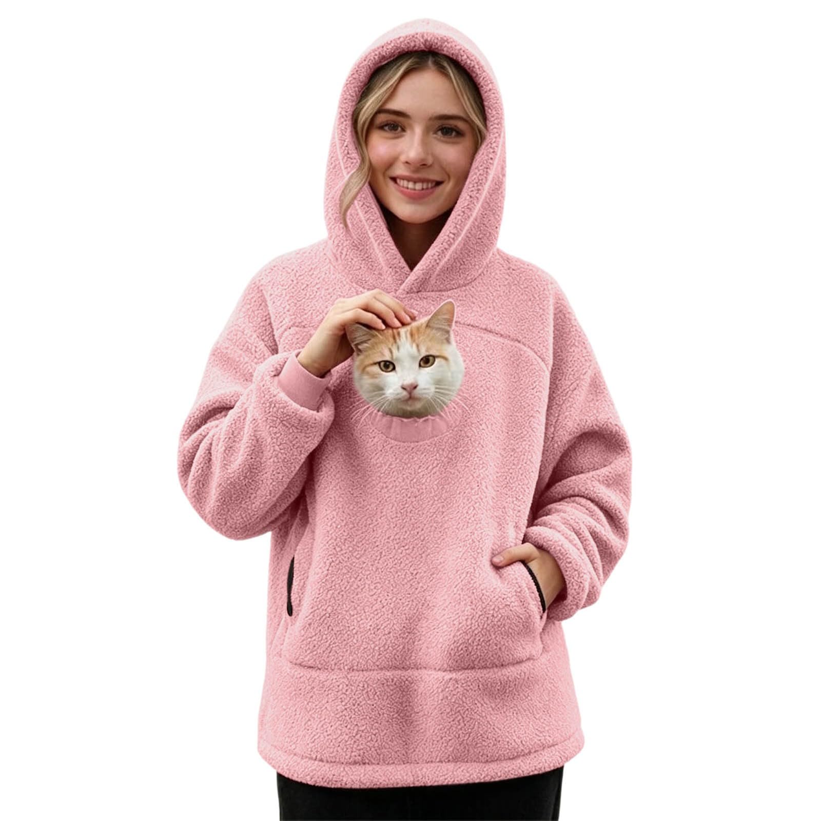 Pet Pouch Hoodie, Jumper with Cat Pocket Dog Puppy Carrier Warm Fluffy Winter Fleece Pullover Sherpa Funny Sweatshirts with Kangaroo Pouch for Pet Lover