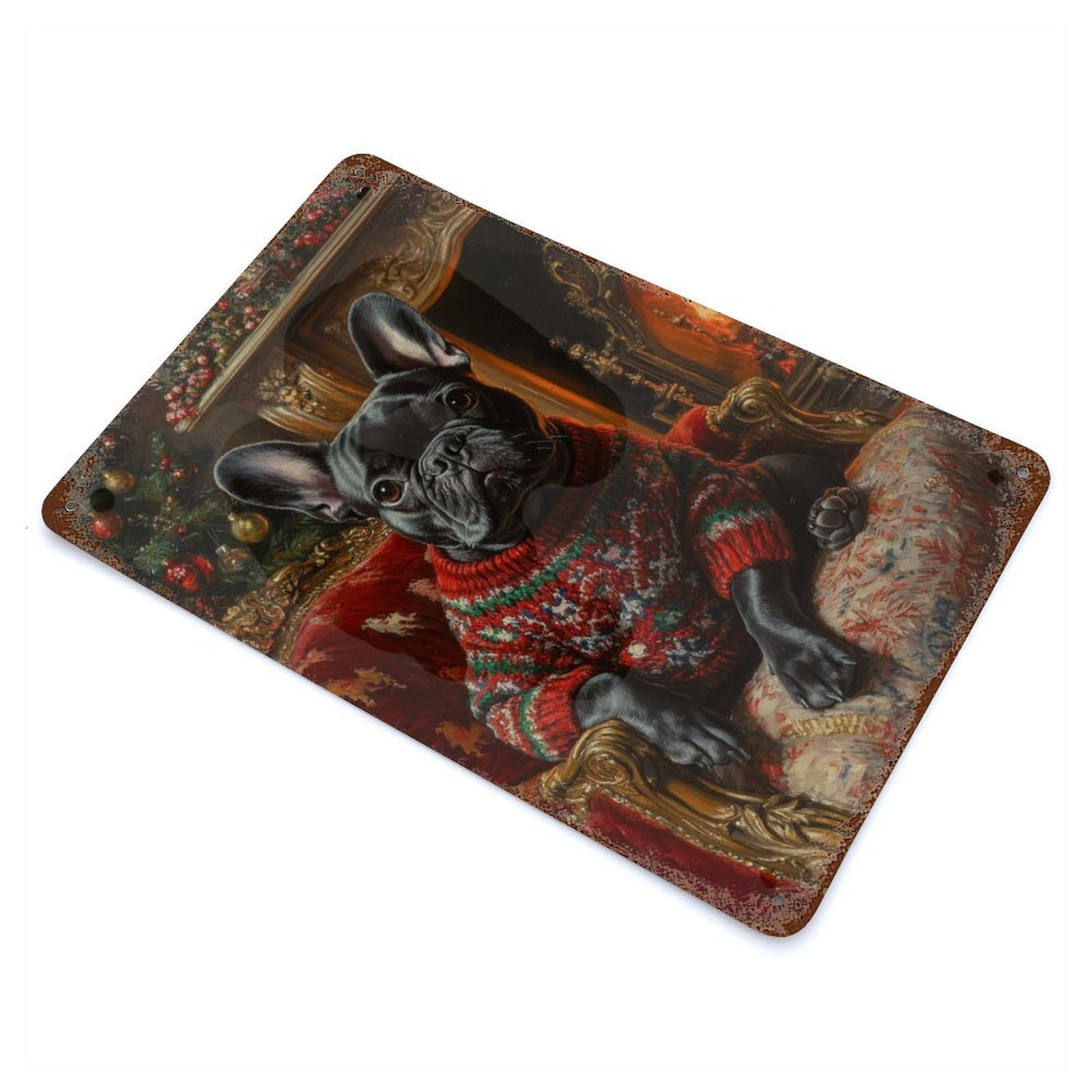 Christmas Bulldog in Sweater by Fireplace French Bulldog in Sweater Rusty Metal Tin Sign 11.8"x7.9", Ideal for Farmhouse, Kitchen And Entryway Decor