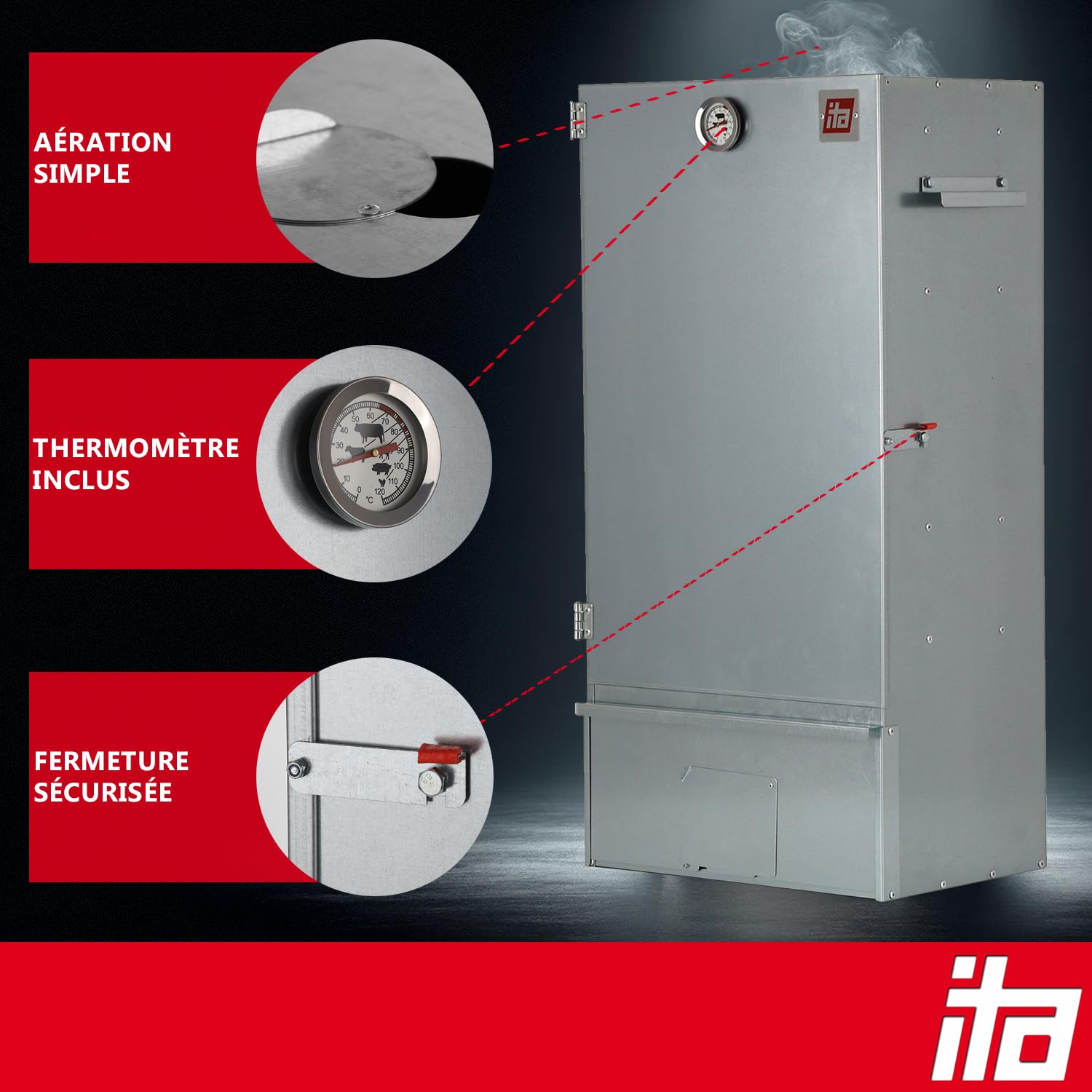 ITA Fumoir 7001 - Smoker Premium - Armoire à fumage avec thermomètre - Acier allié - Qualité UE, Direct fabricant - 81 cm avec 3 niveaux
