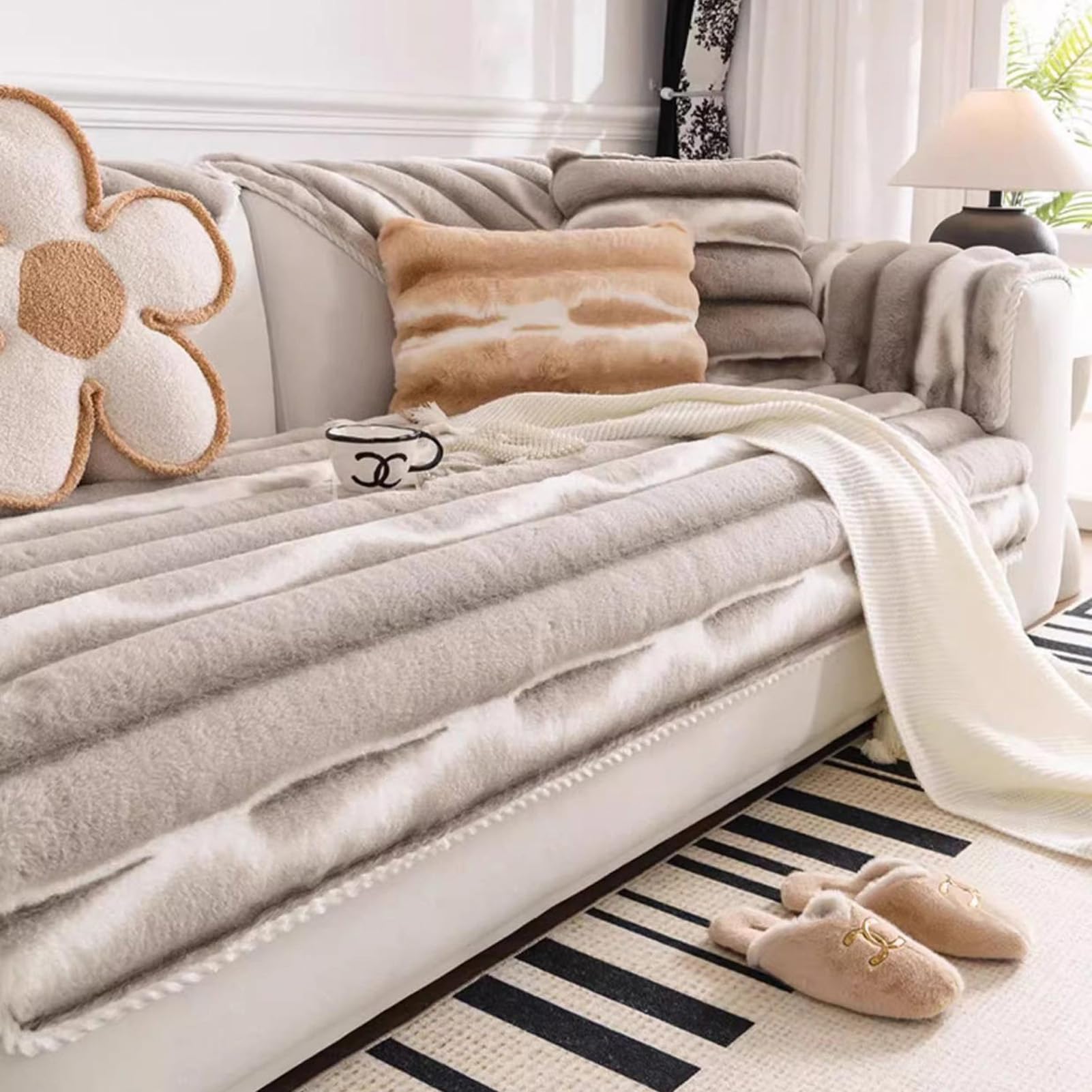 Housse de canapé en peluche lapin épais pour angle et droit
