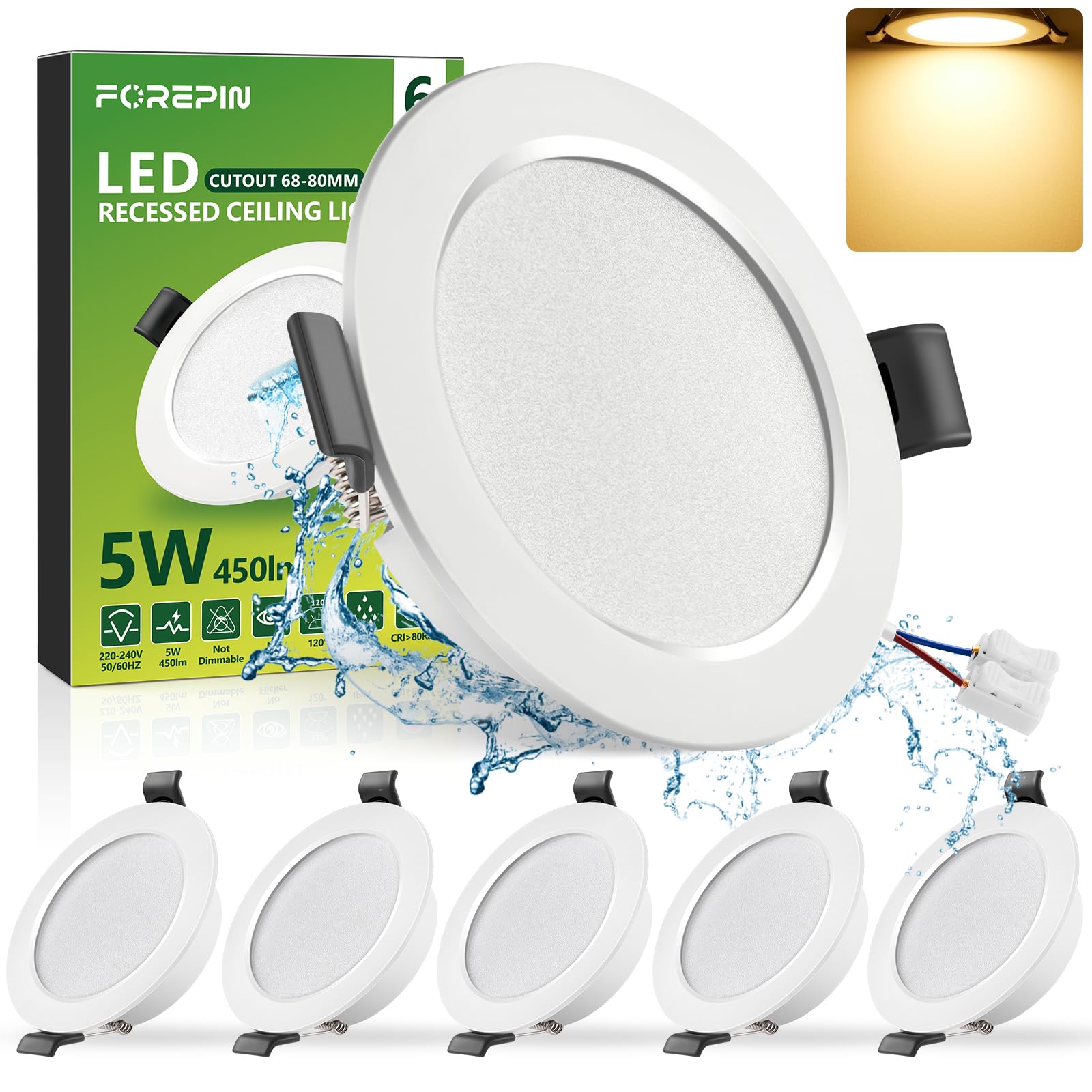 LED Einbaustrahler 230V 5W, LED Spots Flach Warmweiß 3000K, 68-80mm Loch Deckenspots, 450LM Bad Einbauleuchten, IP44 Ultra Flach Einbauspots für Badezimmer Küche Wohnzimmer, 6er Set