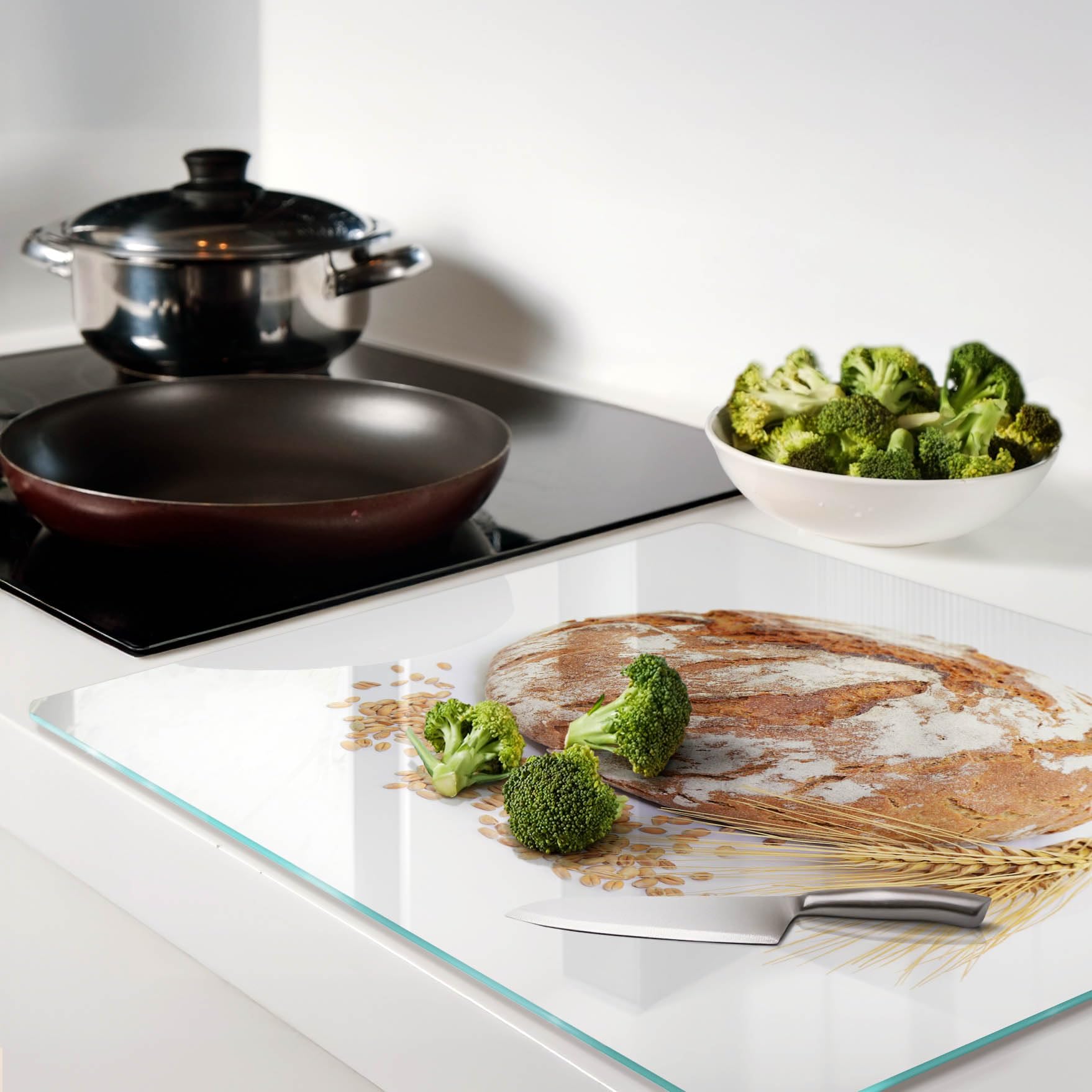 Tagliere in Vetro 60x52 cm Facile da Pulire Rettangolare con Stampe da Cucina Antigraffio Durevole e Igienico con Piedini Antiscivolo Resistente al Calore - Pane e grano