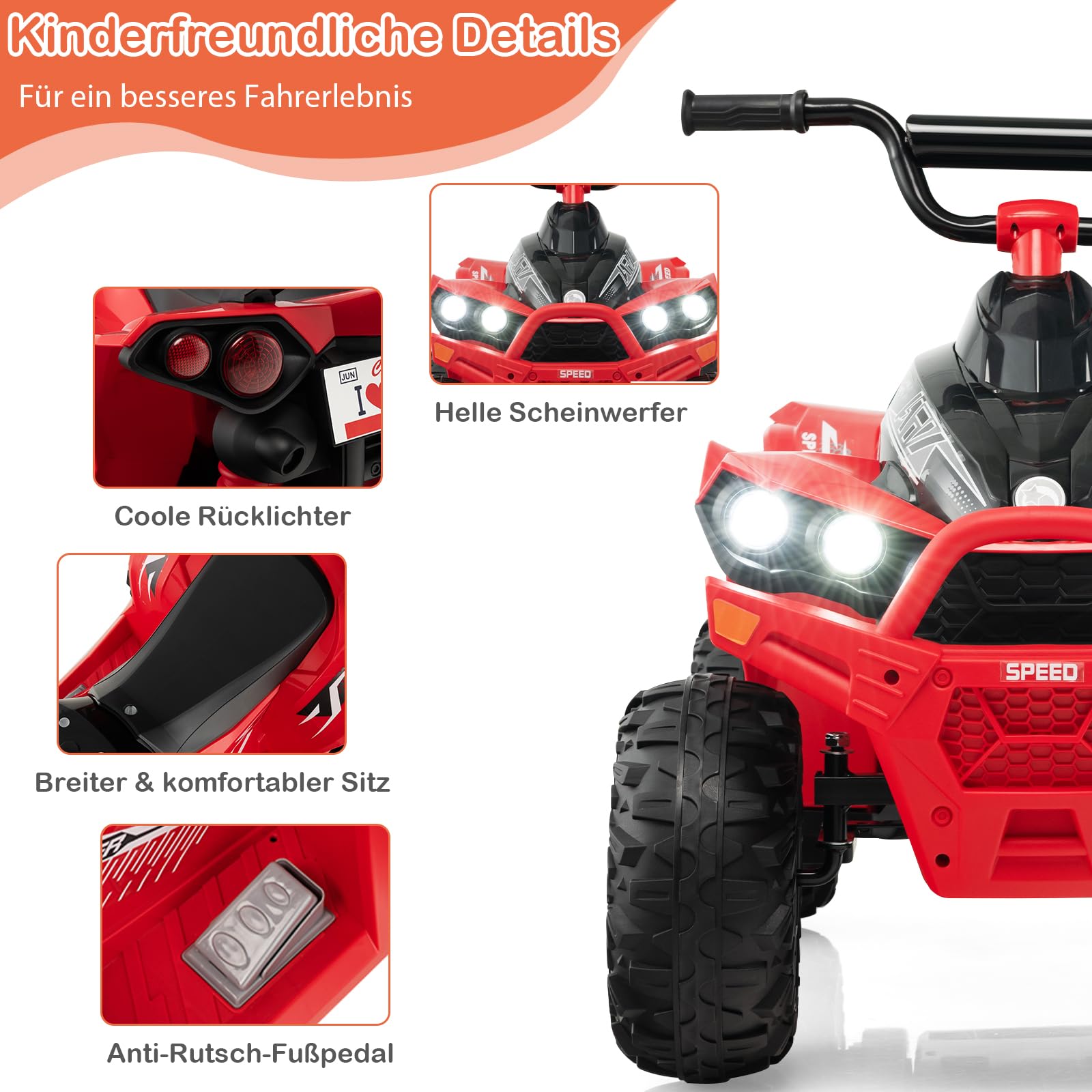DREAMADE Kinderquad ATV, 12V Elektroquad mit LED-Lichtern,Hupe, Musik & Ladegerät, 2,15-4,3 km/h, Elektrofahrzeug für Kinder 3-8 Jahre (Rot)