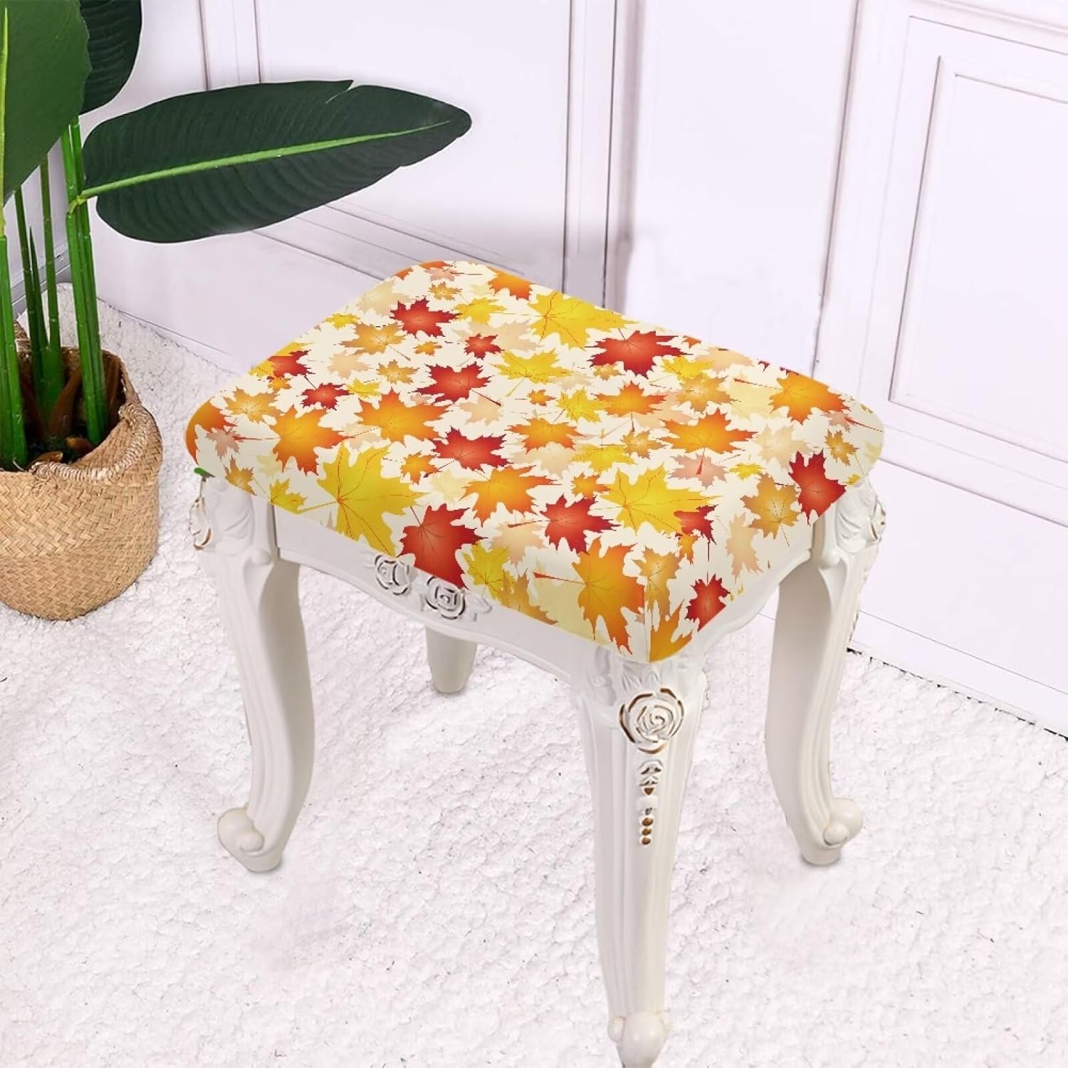 Maple Rectangle Seat Covers for Bar Stool Chairs Kitchen Island Chairs Cushion Protector Set of 6 Elastic Backless Small Footstool Ottoman Covers with Elastic Bands Fall Decor