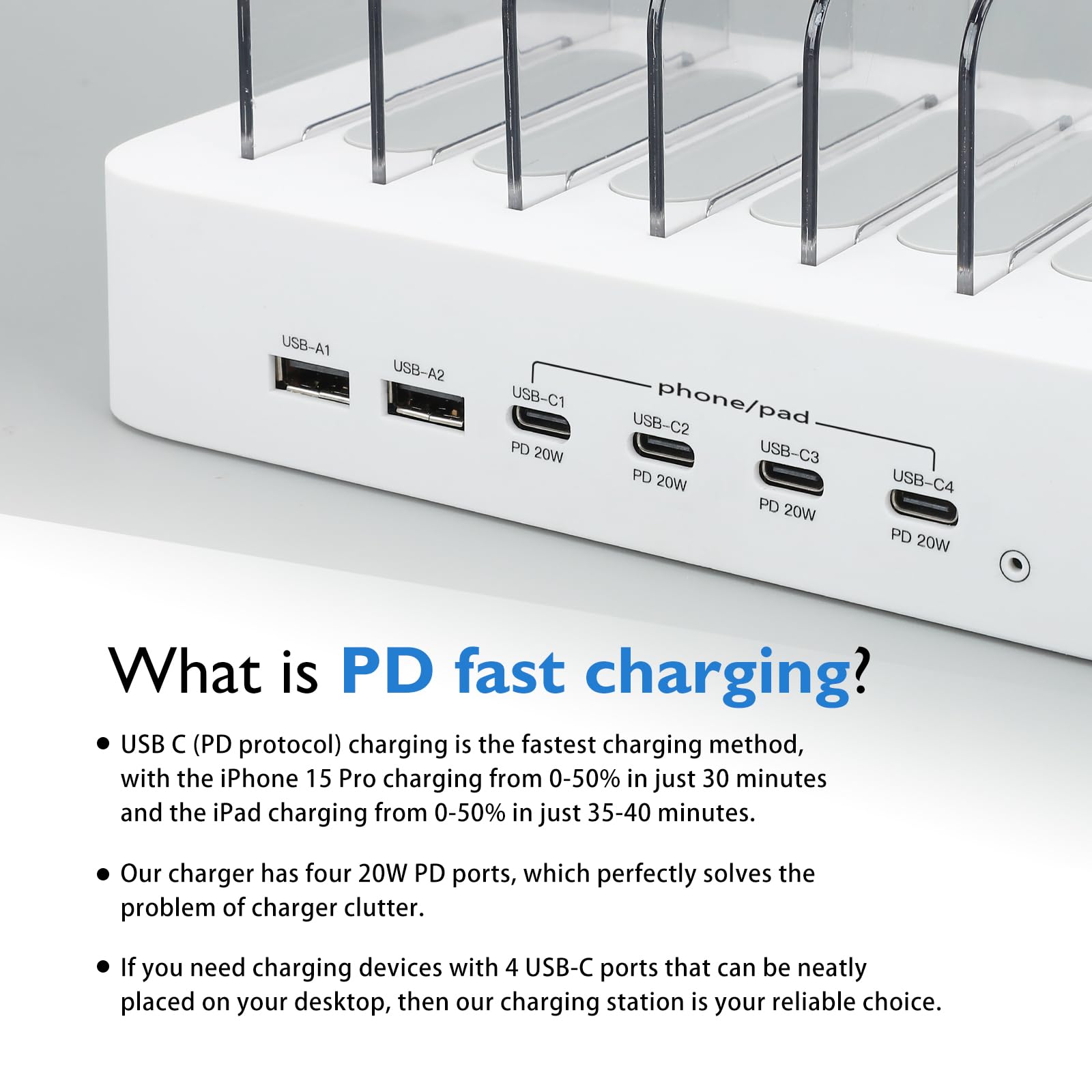 Stazione di ricarica USB C per dispositivi Apple, 100 W 4 PD e 2 USB caricabatterie famiglia per più dispositivi Apple iPad, iPhone 15/14/13/12/11 iPad e Android Phone e tablet, stazione