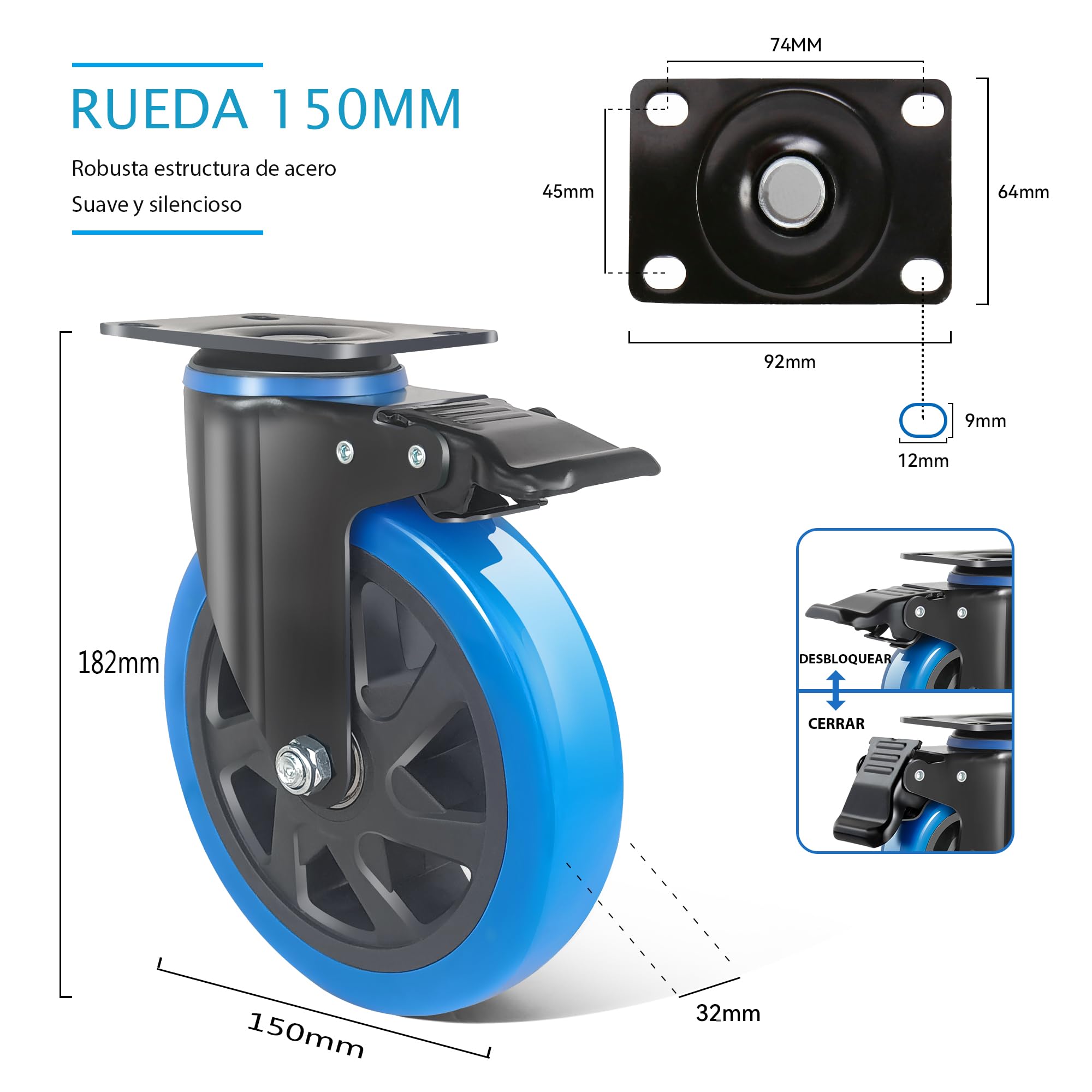 Ruedas para Muebles Pesados 150mm con Freno, Set de 4 PU Ruedas Giratorias Hasta 1000kg, 360 Grados Ruedas para Mover Muebles, Carros, Equipamiento