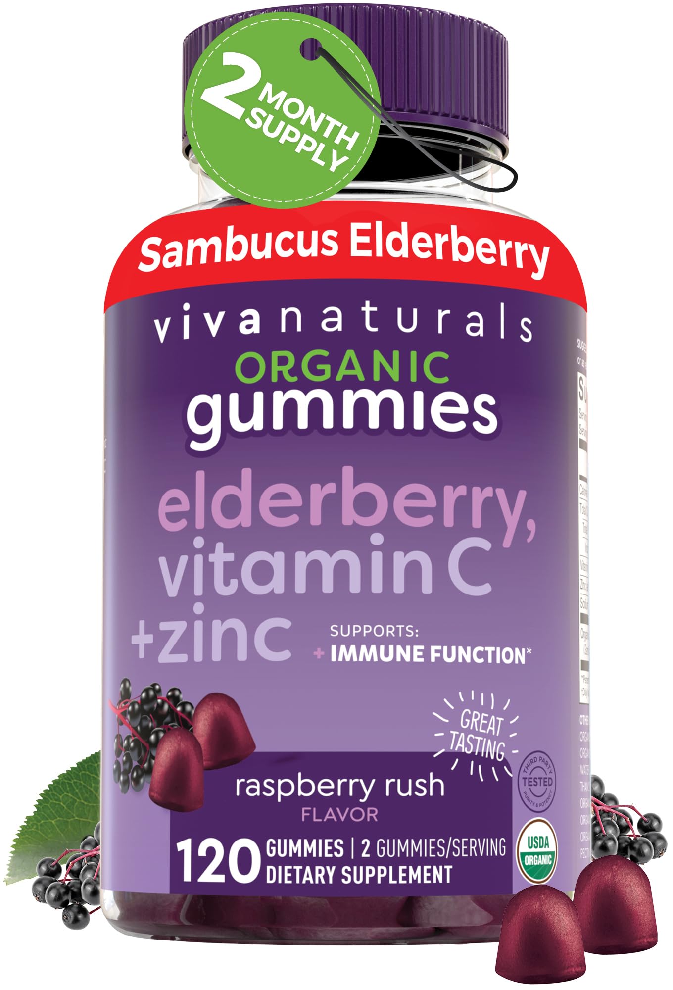 Viva Naturals Black Elderberry Vitamin C and Zinc Immune Support Gummies for Adults, Sambucus Elderberry Gummies with Raspberry Rush Flavor, USDA Organic, Non-GMO, (120 Count)